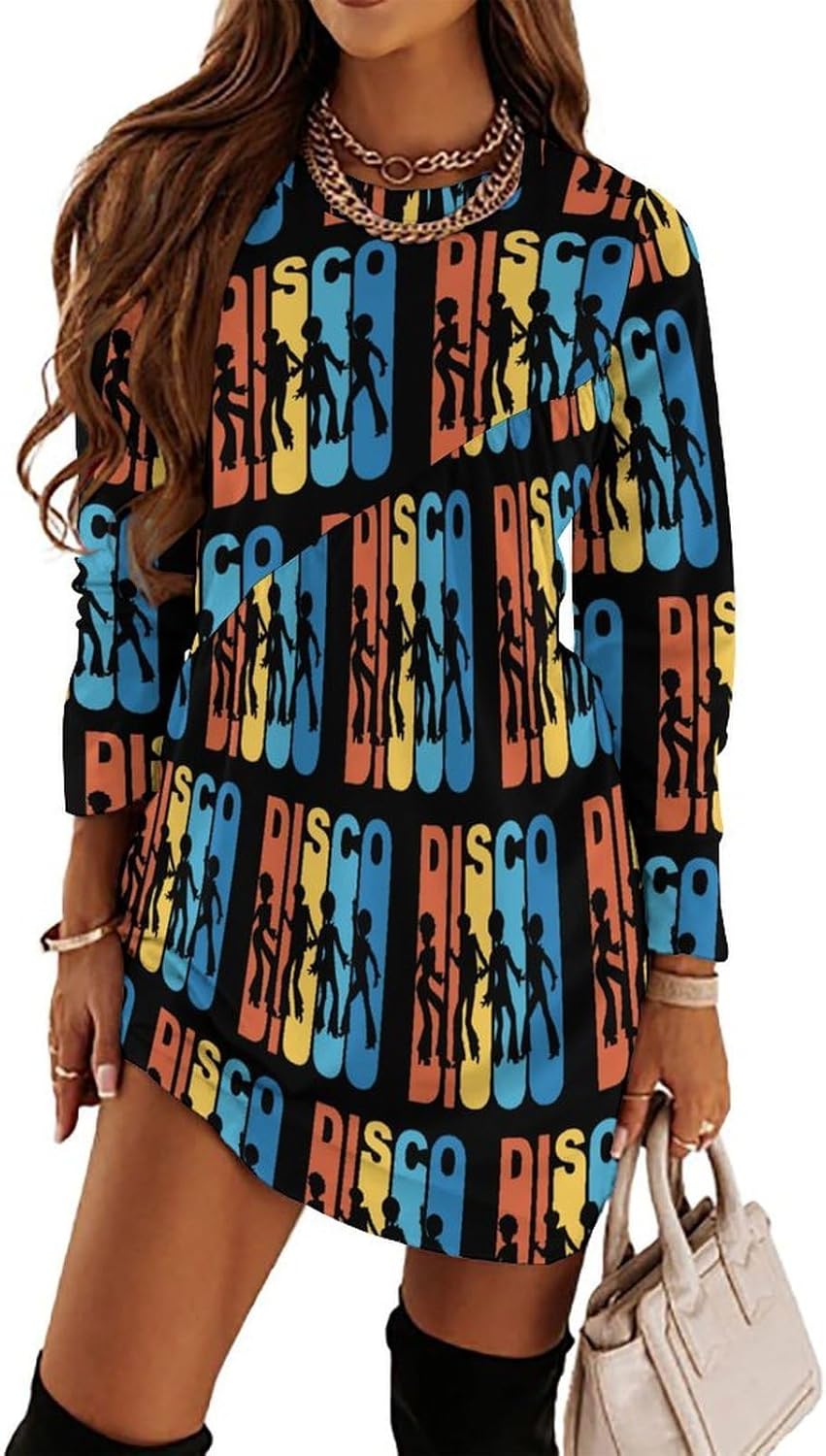 Vintage 1970's Disco Women's Sweatshirt Dress Long Sleeve Pullover Tunic Tops Mini Dresses