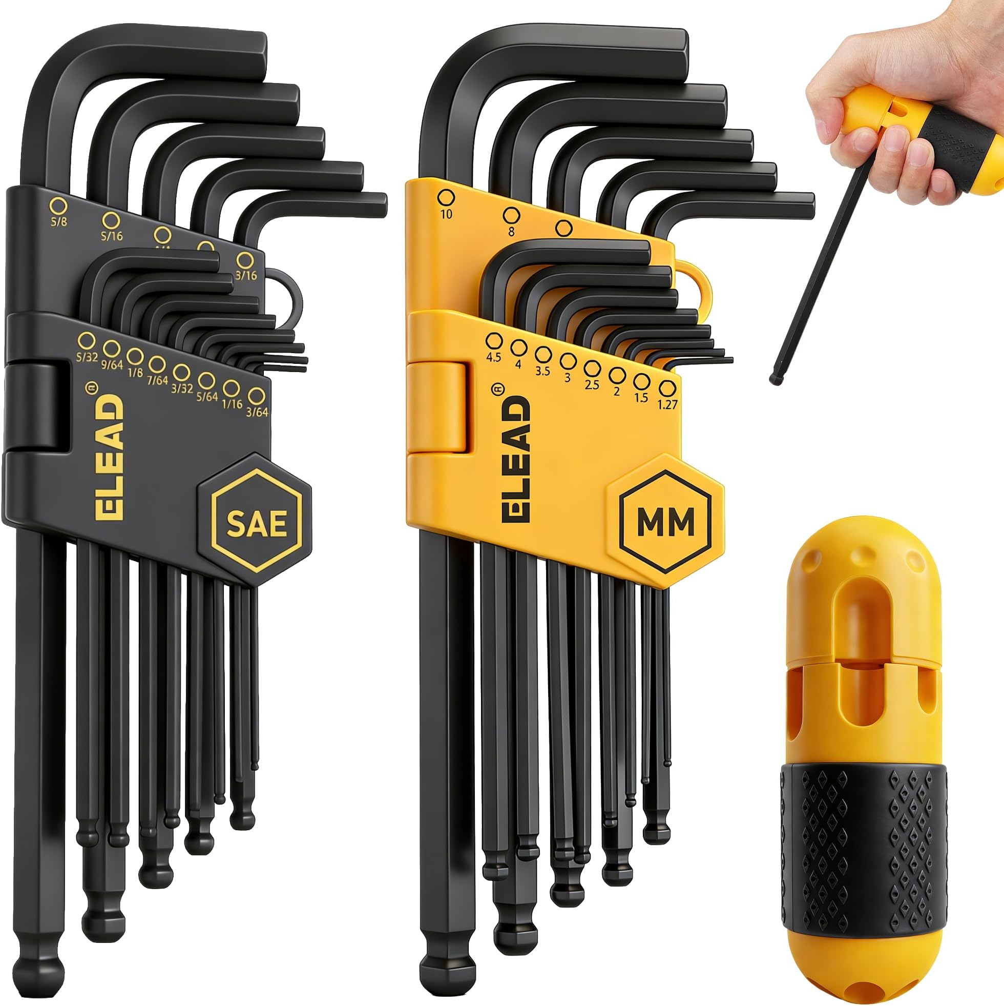 ELEAD Allen Wrench Hex Key Set: Premium 27pcs Durable Hex Key Set with Grip Handle, Long and Short Arm with Ball End, Metric & SAE Size Allen Key Set, Organized Storage