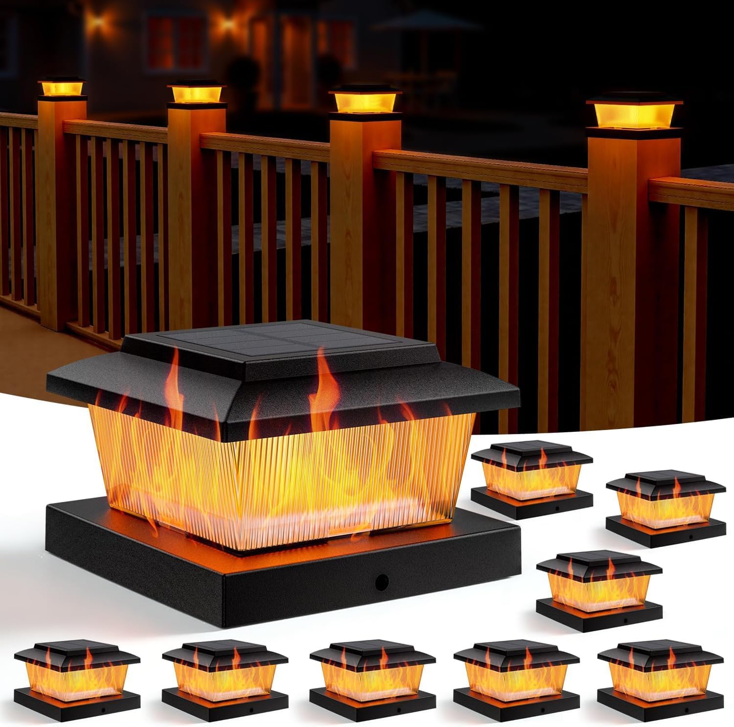 HoldOneLight Solar Post Cap Lights, Set of 8 - Warm White Flickering Flame Effect, IP65 Waterproof, for 10x10cm Fence Posts, Decking & Patio (8)