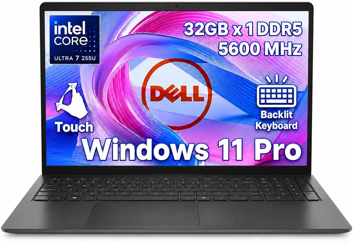 Portátil con pantalla táctil Dell de 15,6", Intel 12 Core Ultra 7 255U, 32 GB DDR5 | 5600 MT/s SSD de 1 TB, FHD(1920x1080) antideslumbrante, Windows 11 Pro, KB retroiluminado, Wi-Fi 6 y BT, Copilot AI PC for Business & Study