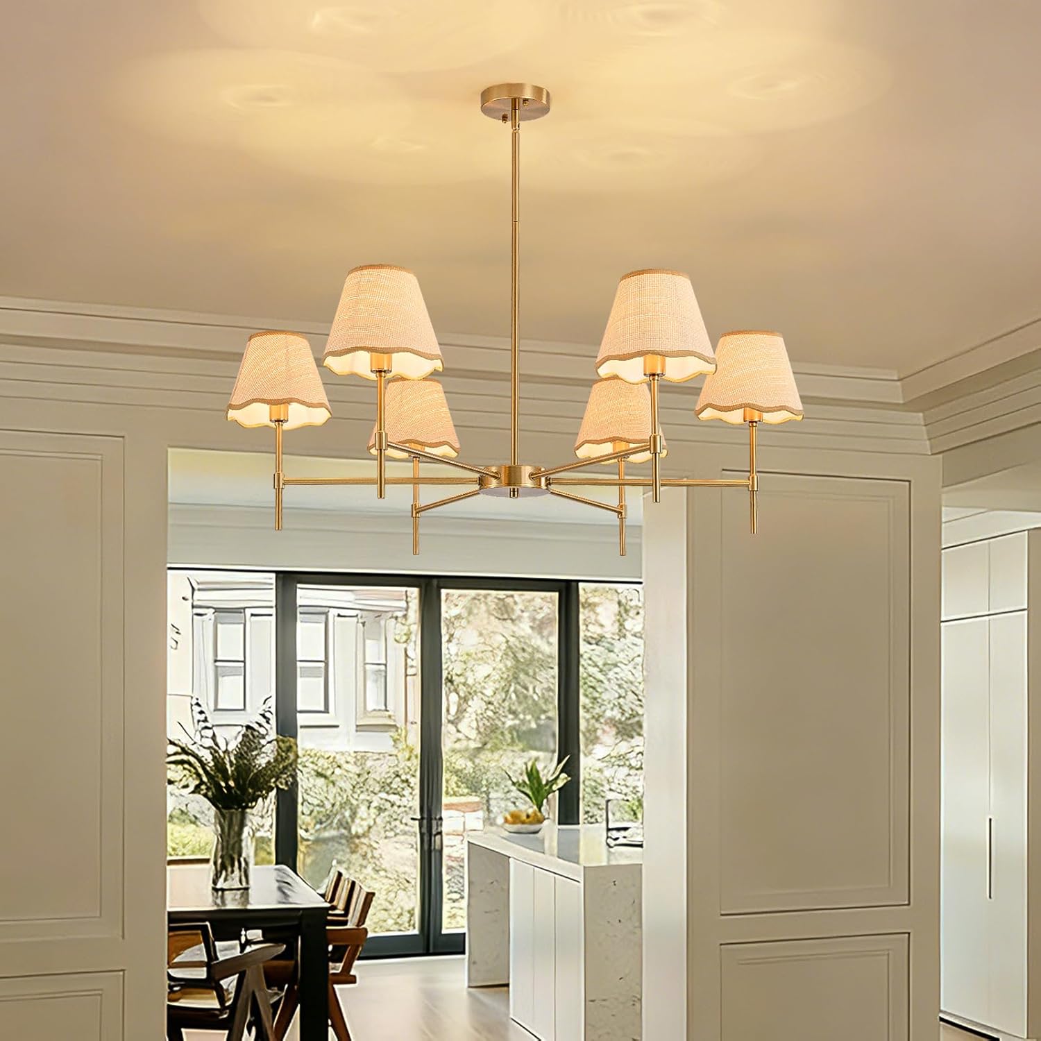 T&A TALENT AND ART 6-Light Rattan Chandelier 38.98" Brush Gold Chandelier Large Boho Farmhouse Wicker Chandeliers with Hand-Woven Lampshade for Kitchen Island Dining Living Room Foyer