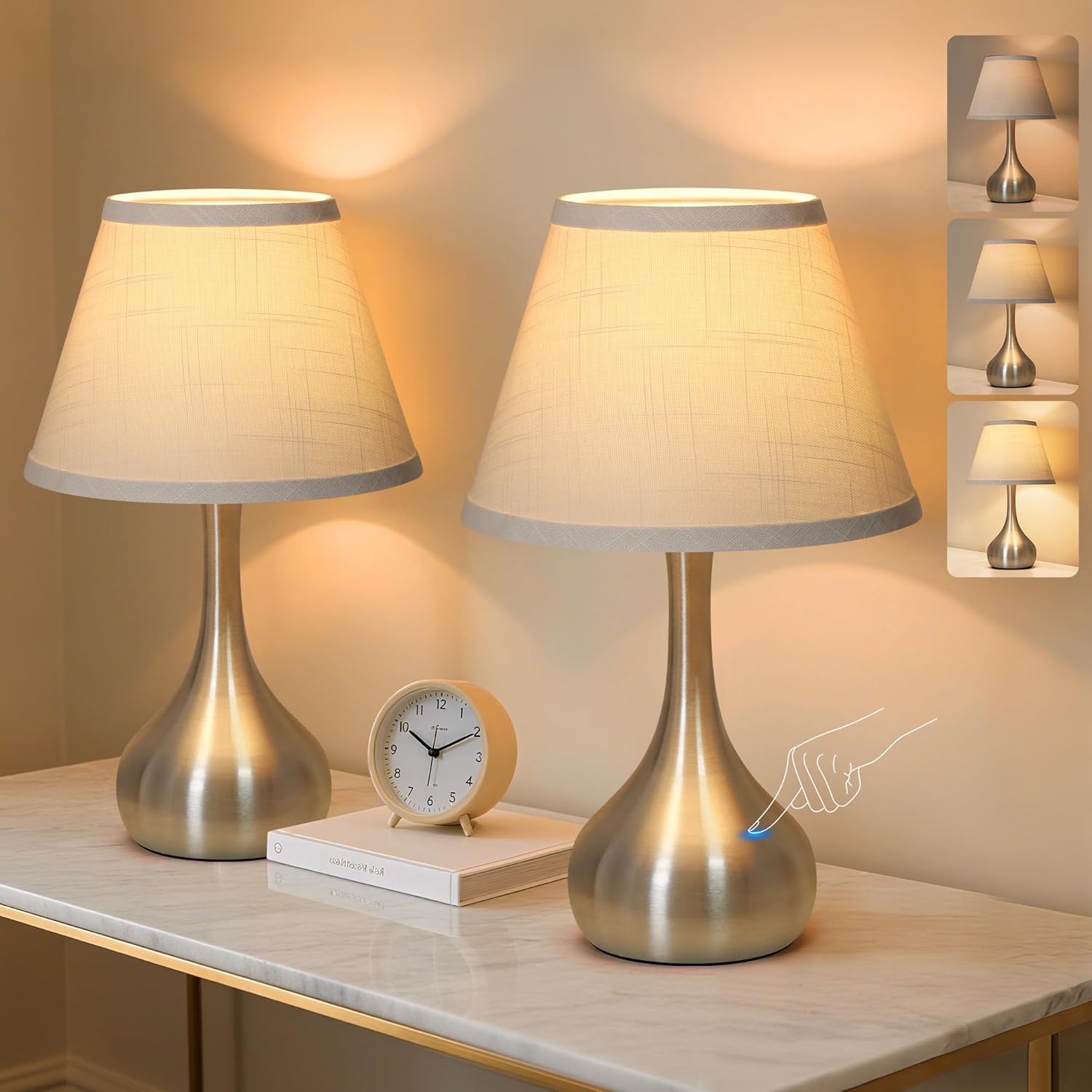 17” Touch Table Lamp for Bedroom Set of 2, 3-Way Dimmable Bedside Lamp for Nightstand, Modern Metal Desk Lamp with Linen Shade for Living Room, Kids Reading, Dorm, Home Office Decor, Bulb Included