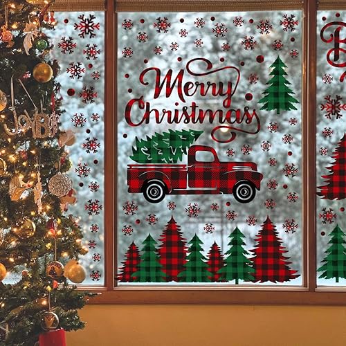 Miniatura 2 de Horaldaily 226 calcomanías de Navidad para ventana, árbol rojo y verde, camión de nieve para suministros de fiesta en casa, tienda, ventana,
