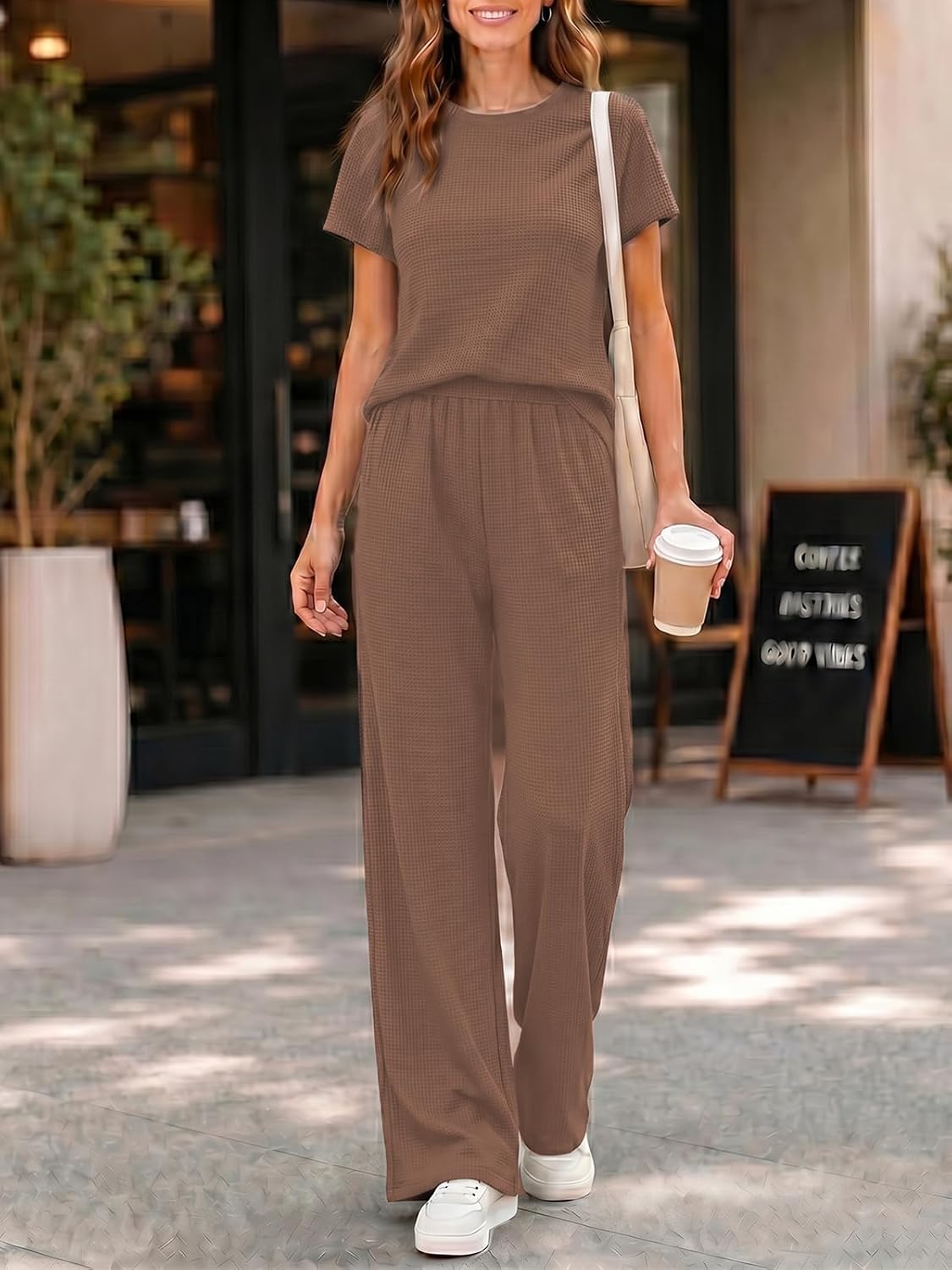 2 Piece Lounge Sets for Womens 2026 Waffle Knit Matching Sets Short Sleeve Top Wide Leg Pants with Pockets image 4