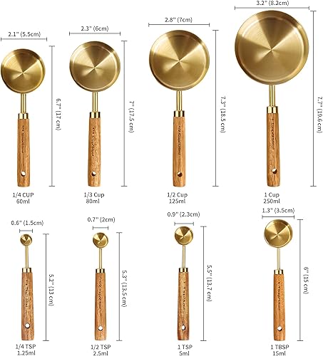 Miniatura 4 de GuDoQi Juego de 8 tazas y cucharas medidoras doradas, mango de madera con medidas métricas y estadounidenses, acero inoxidable premium, acabado
