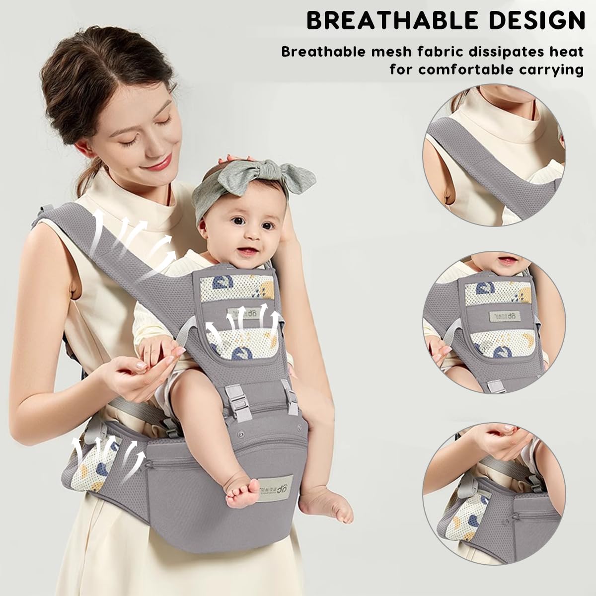 SONARIN 3 in 1 Traspirante Marsupio Neonati con Sedile,Portantina Multifunzionale Ergonomico Porta Bambino Fascia Porta Bebè Multi-Posizioni per Neonati Bambini 0-36 Mesi(Grigio)