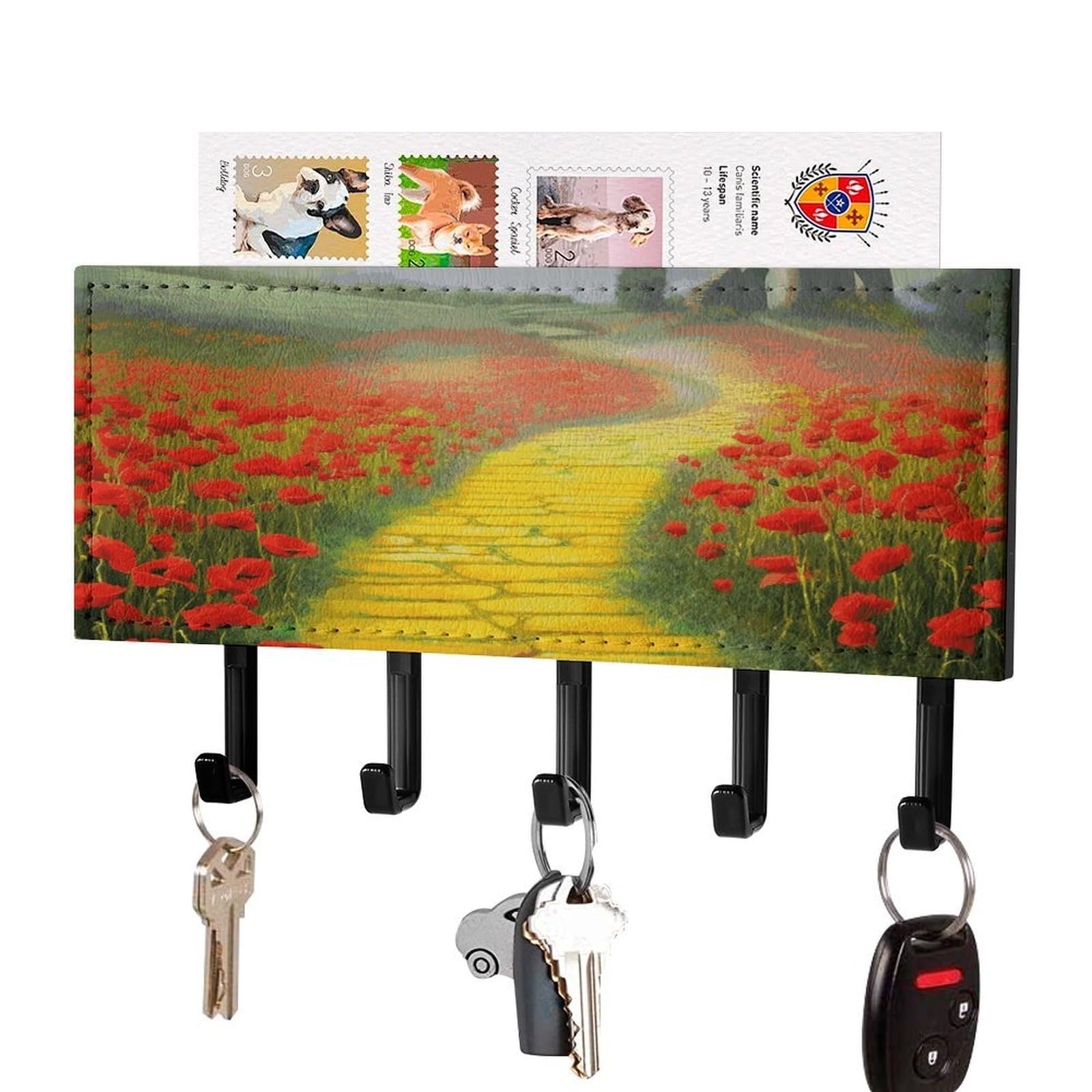 FekiLoot Poppies Field Yellow Brick Road Key Holder for Wall Decorative Mail Organizer with 5 Key Hook Self Adhesive Key Rack with Tray Coat Rack Wall Mount Key Hanger Decor for Entryway Door