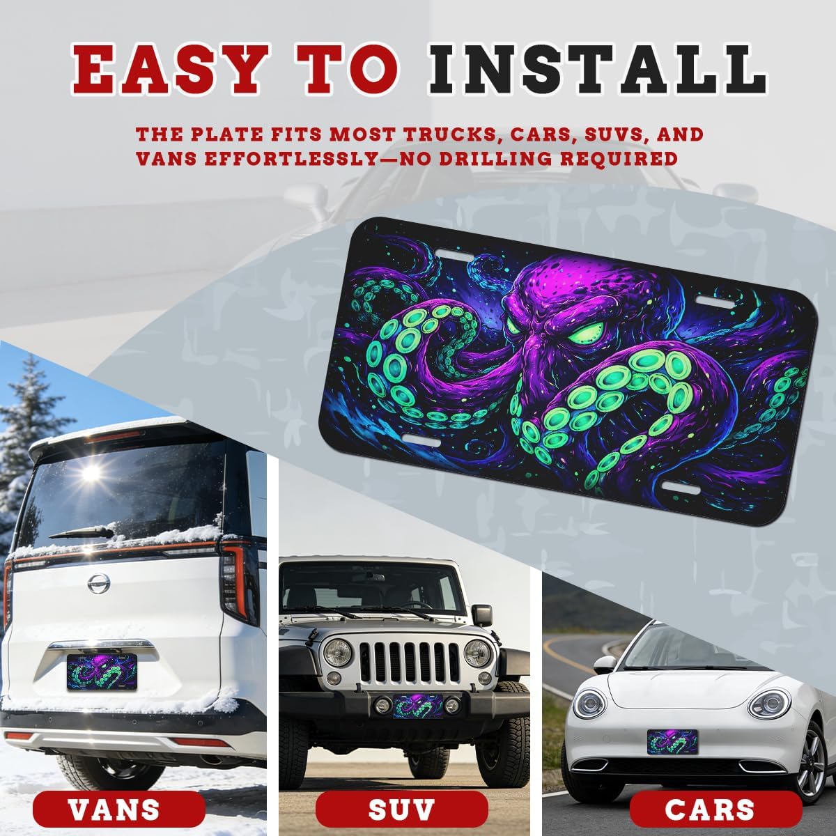 Octopus Front License Plate Neon Purple Green Tentacle Ocean Art Car Decorative License Plates Aluminum Metal Decor Accessory Novelty Vanity Tag Cover with 4 Holes for Men Women 6" X 12"