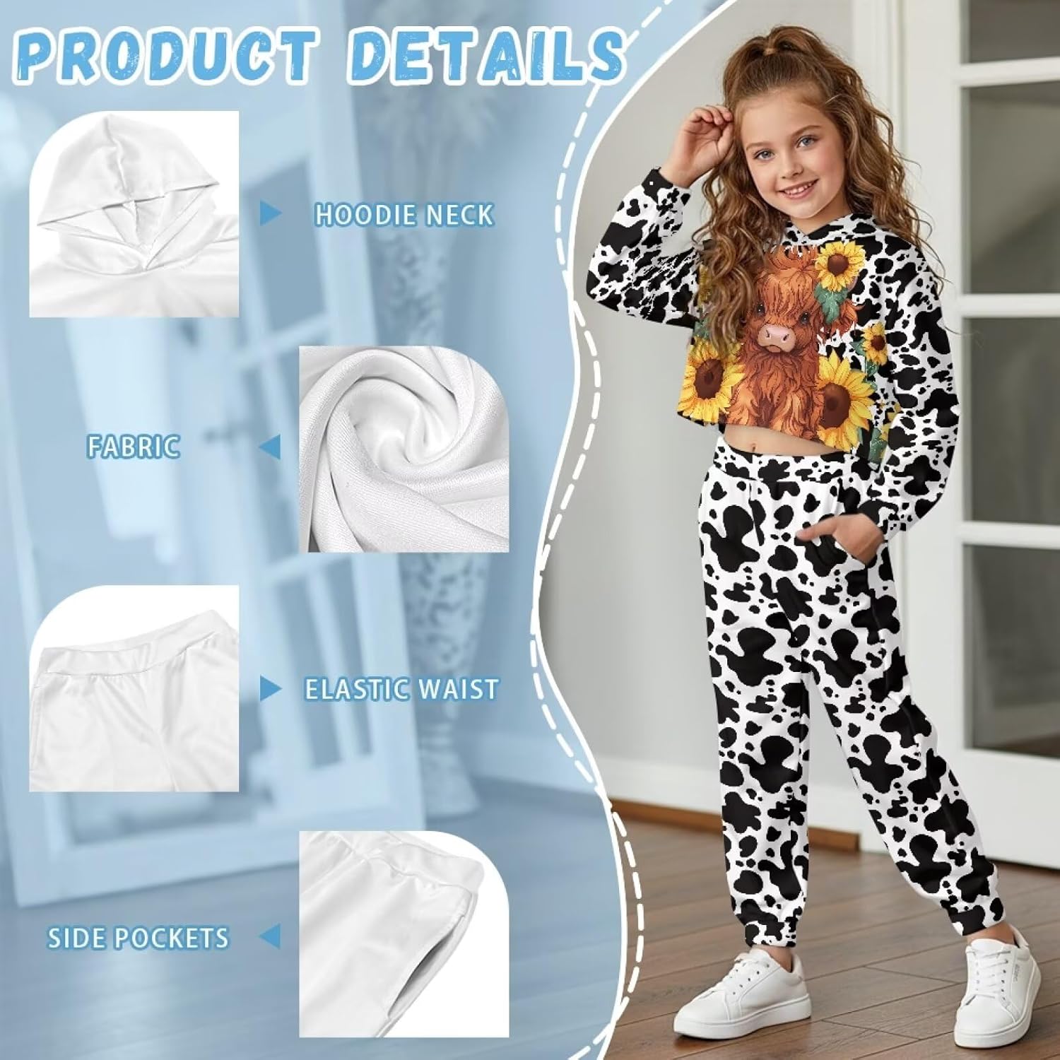 Renewold Girls Tracksuits Kids Teens Crop Hoodie Sweatshirt Jogger Sweatpants 2 Piece Outfit Sweatsuits Set Long Sleeve