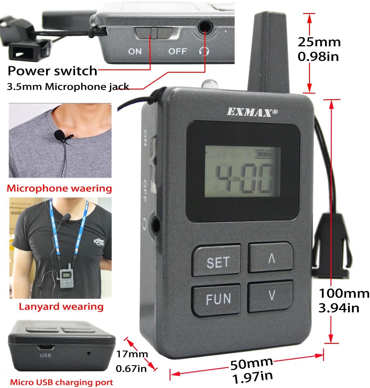 EXMAX ELGT-470 UHF Wireless Audio Tour Guide System Assistive Listening Church Translation Equipment 100 Channels for Language Interpretation Conference Outdoor Activities 1 Transmitter 5 Receivers