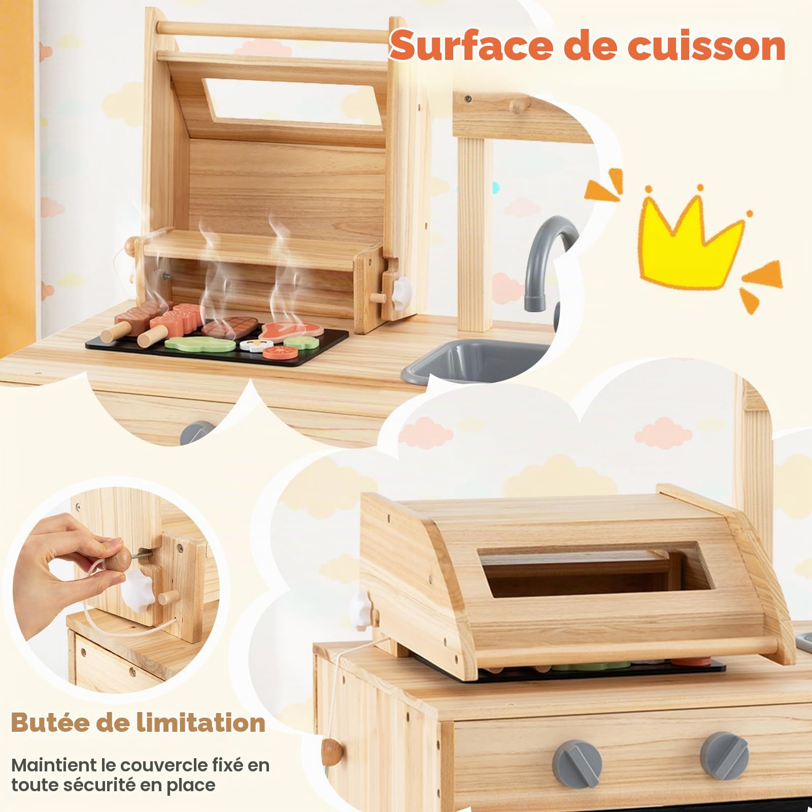 HOMASIS Cuisine extérieure pour Enfants avec Barbecue, Table, évier, Cuisine Jouet avec 27 Accessoires, Ensemble Jouet en Bois de Sapin