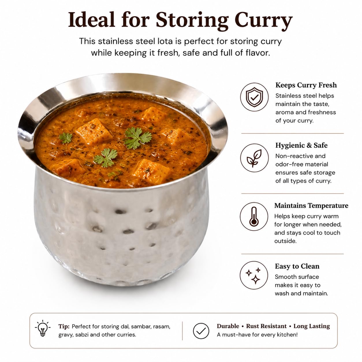 GAFFEL 1Pc Stainless Steel Handi 13cm | Lota Medium | Chetty | Container for Milk,Tea,Curd/Steel Handi for Home,Hotel,Kitchen (Hammer - Mirror Finish, 650ml) 3