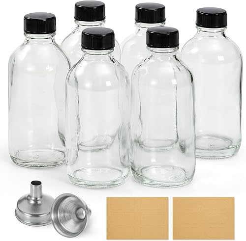 Paquete de 6, botellas pequeñas de vidrio transparente de 4 onzas con tapas y 2 embudos de acero inoxidable, botellas de muestra Boston de 4.1 fl oz