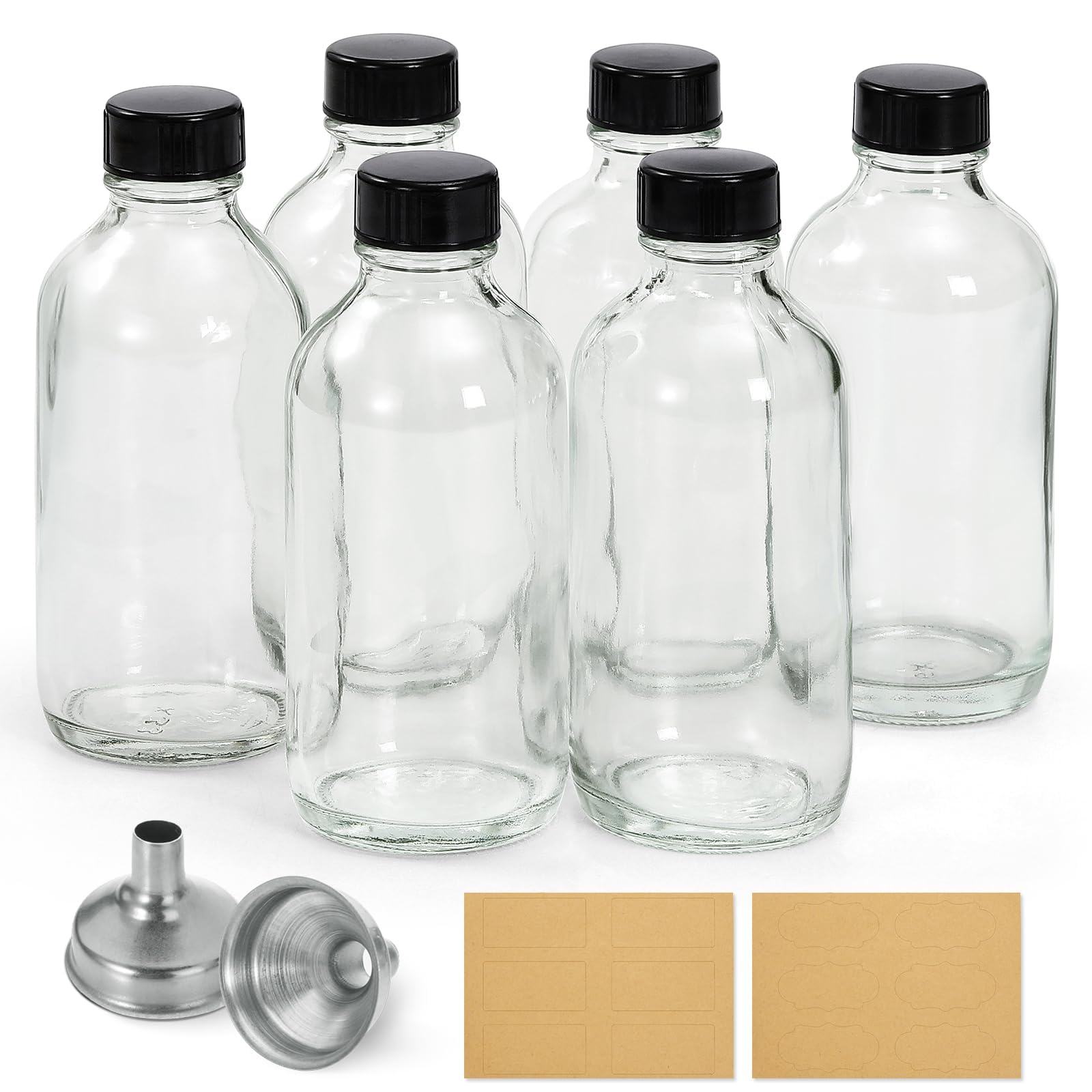 6 Pack, 4 oz Small Clear Glass Bottles with Lids & 2 Stainless Steel Funnels - 120ml Boston Sample Bottle for Potion, Juice, Wellness, Ginger Shots, Whiskey, Liquids - Mini Travel Essential Bottles