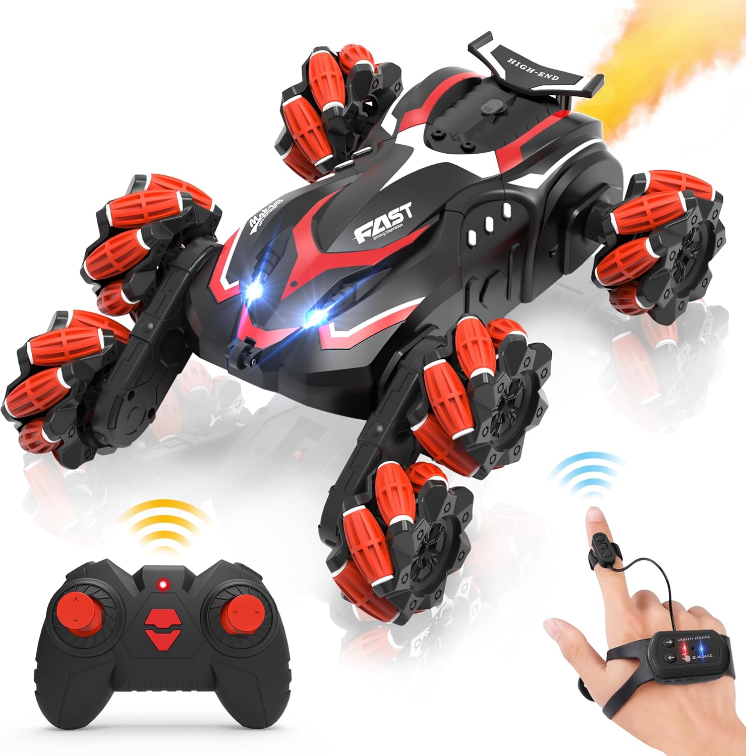 Eulogia 6WD RC Cars Gesture Sensing RC Stunt Car, 2.4GHz RC Crawler with Spray & Music, 360° Spin All Terrain Remote Control Car Kids Toys Gift for 5-12 Years Old Boys Girls Christmas Birthday Red-multiple