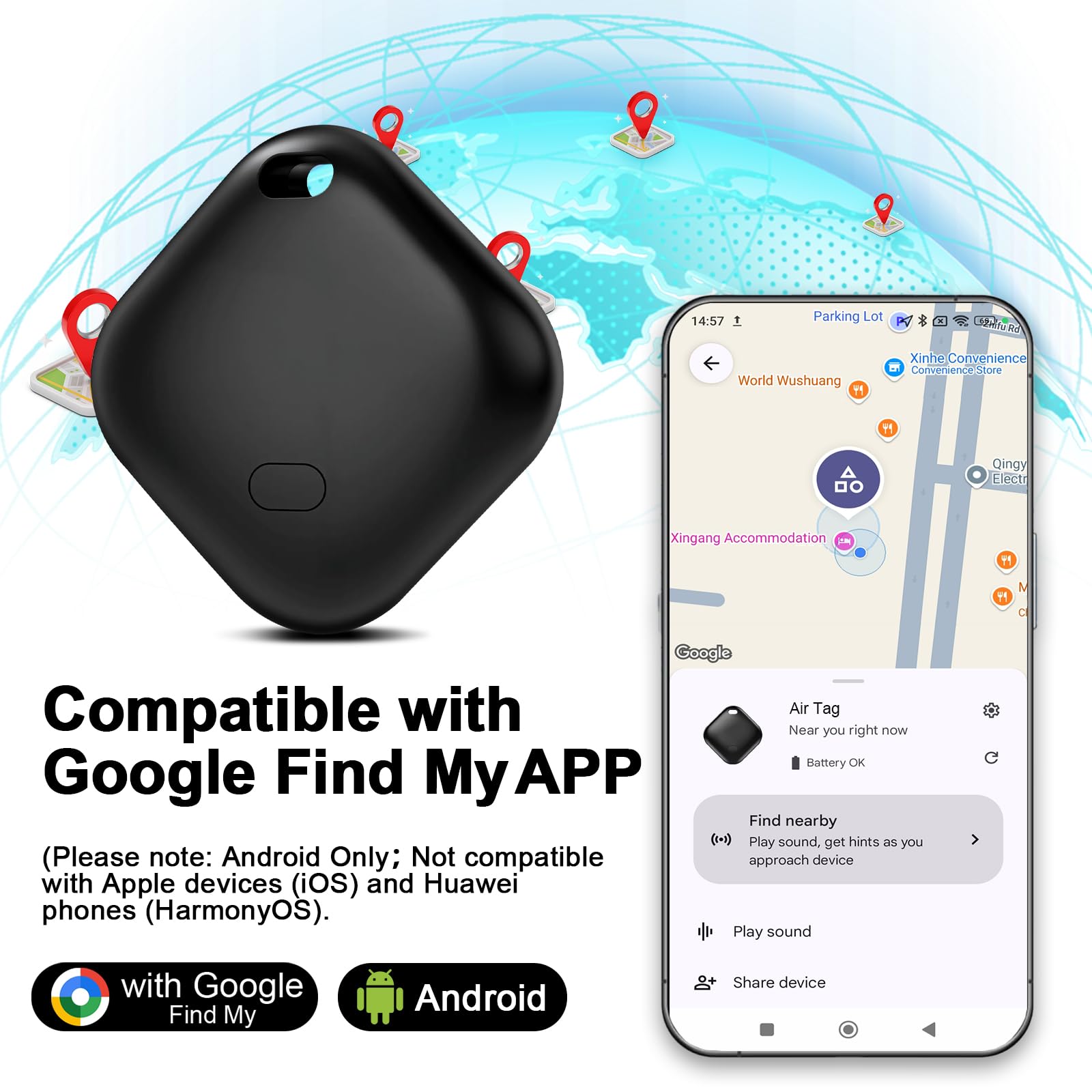 Tracker Bluetooth Pour Android - Compatible Google Find My Device, IP67, Pile CR2032 - 2