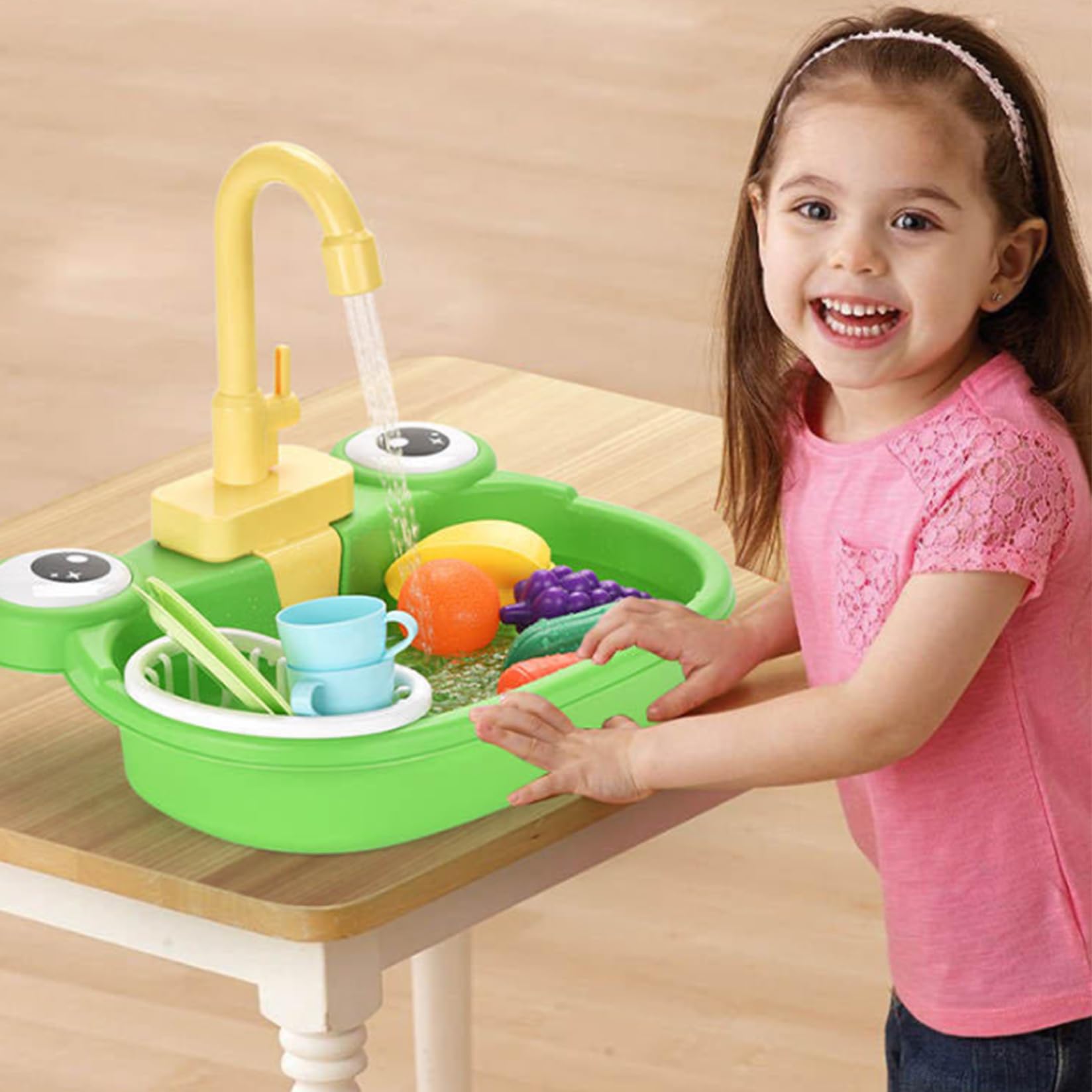 Lavello per Bambini con Acqua Corrente, Lavello da Gioco a Rana in Plastica con Rubinetto Girevole a 180°, con Modello Giocattolo Verdura, Frutta, Stoviglie, Detersivo e Cestello Scolapiatti, Giocatt