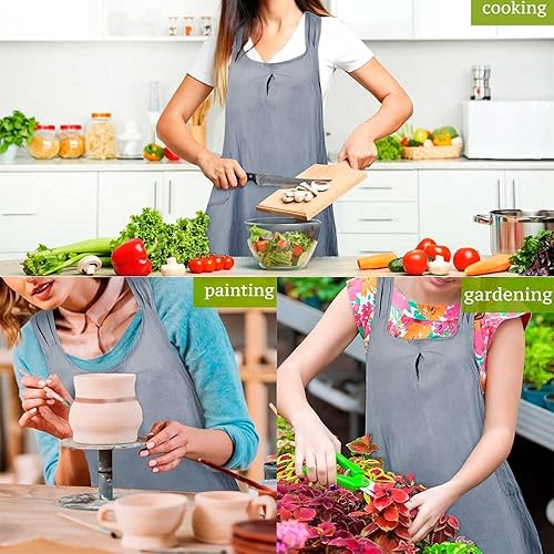 Miniatura 2 de Delantales japoneses de lino y algodón, delantales de cocina con espalda cruzada con 2 bolsillos para mujeres, para hornear, pintura, jardinería,