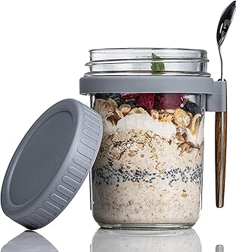 Probiz Glass Overnight Oats Jars With Spoon And Lid 350 ML, Airtight Oatmeal Container With Measurement Marks, Mason Jars With Lid For Cereal On The Go Container Yugart (1 Pieces),Multicolor - image, photos