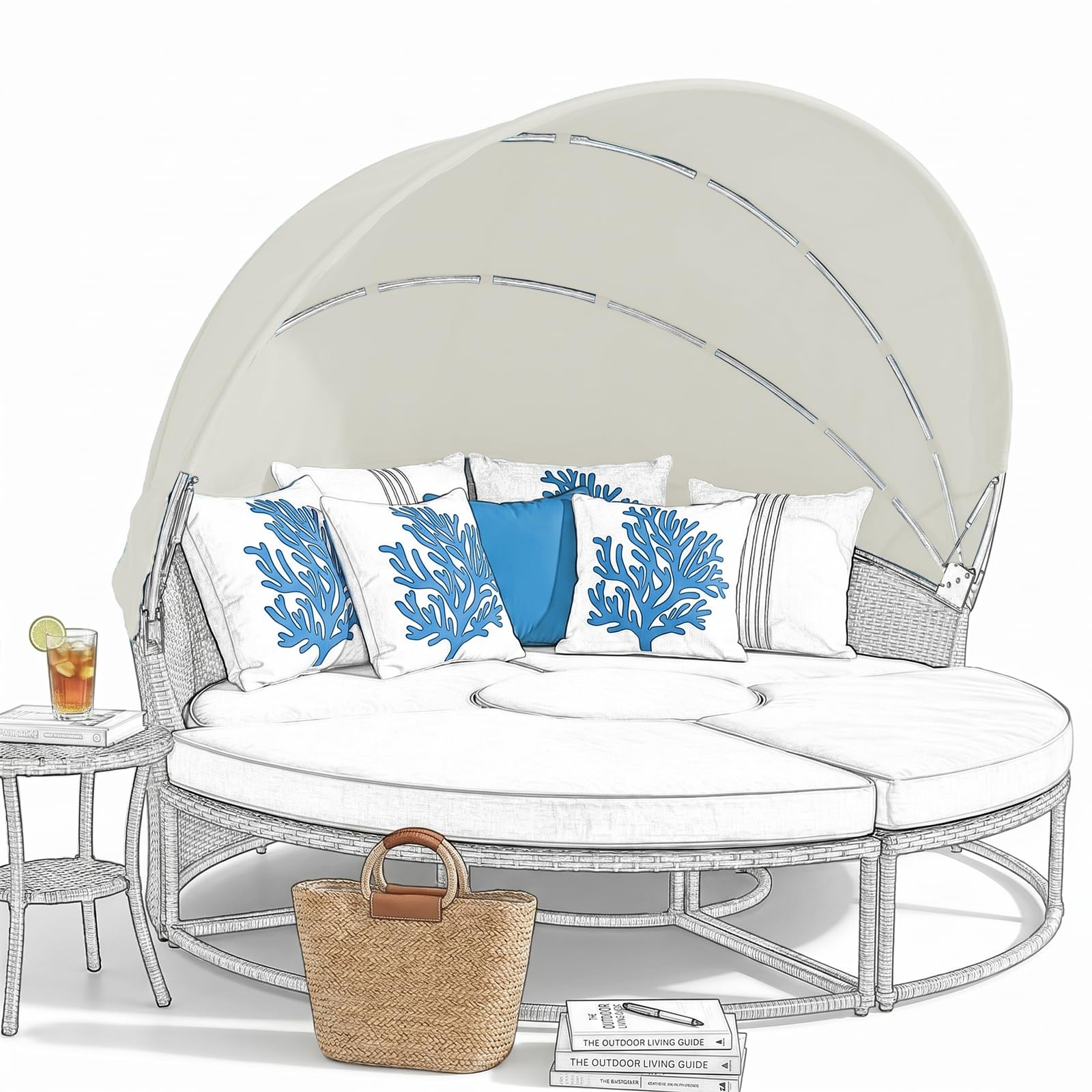 LR68HFT Replacement Canopy for Patio Round Daybed Applicable to Dia 160-180cm, Retractable Top Cover for Outdoor Sunbed, Sun-Resistant and Water-Repellent, Quick Installation, Off-White