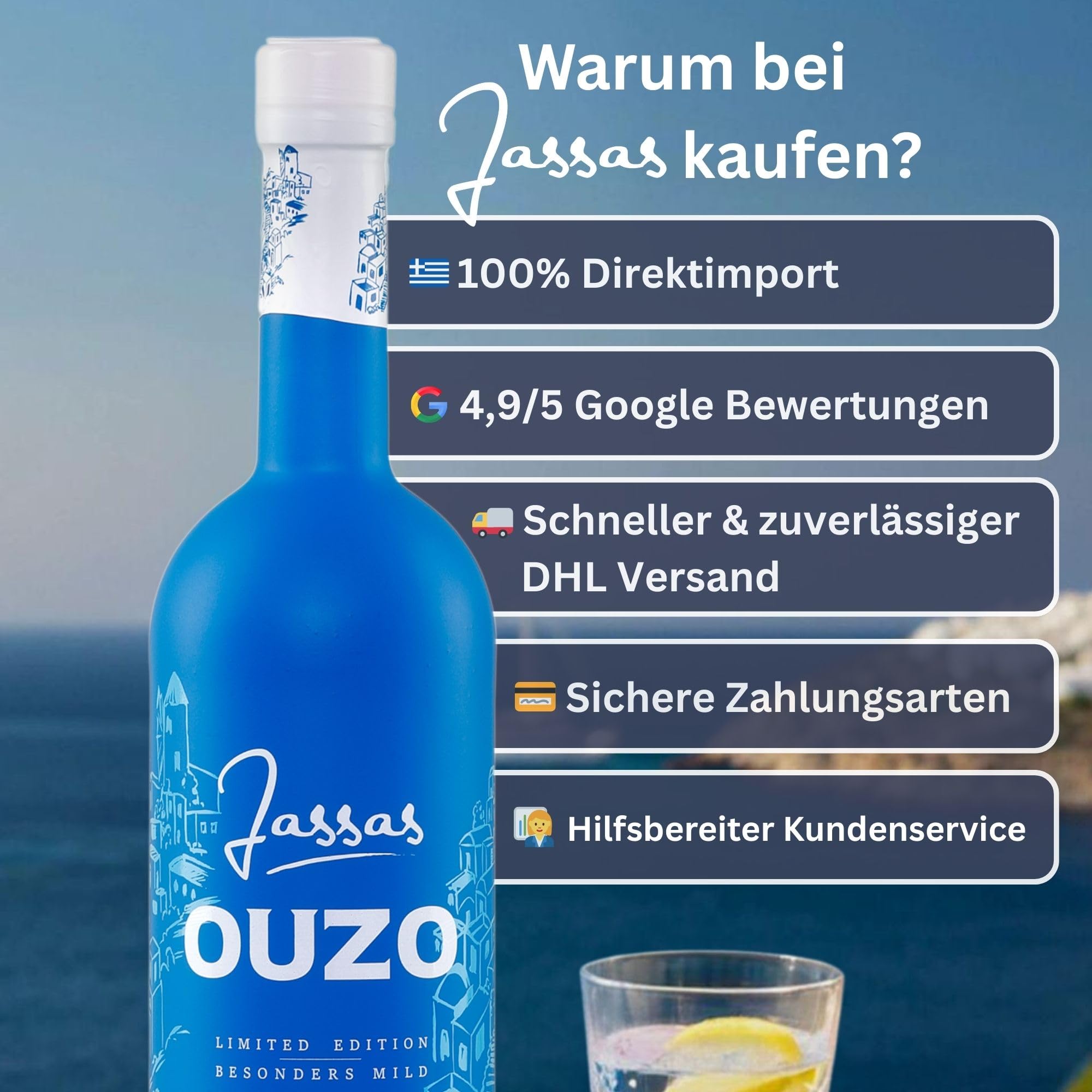Jassas Ouzo 40% 0,7l Premium Flasche | Besonders mild | Limited Edition | Älteste Ouzo Destillerie der Welt 1856