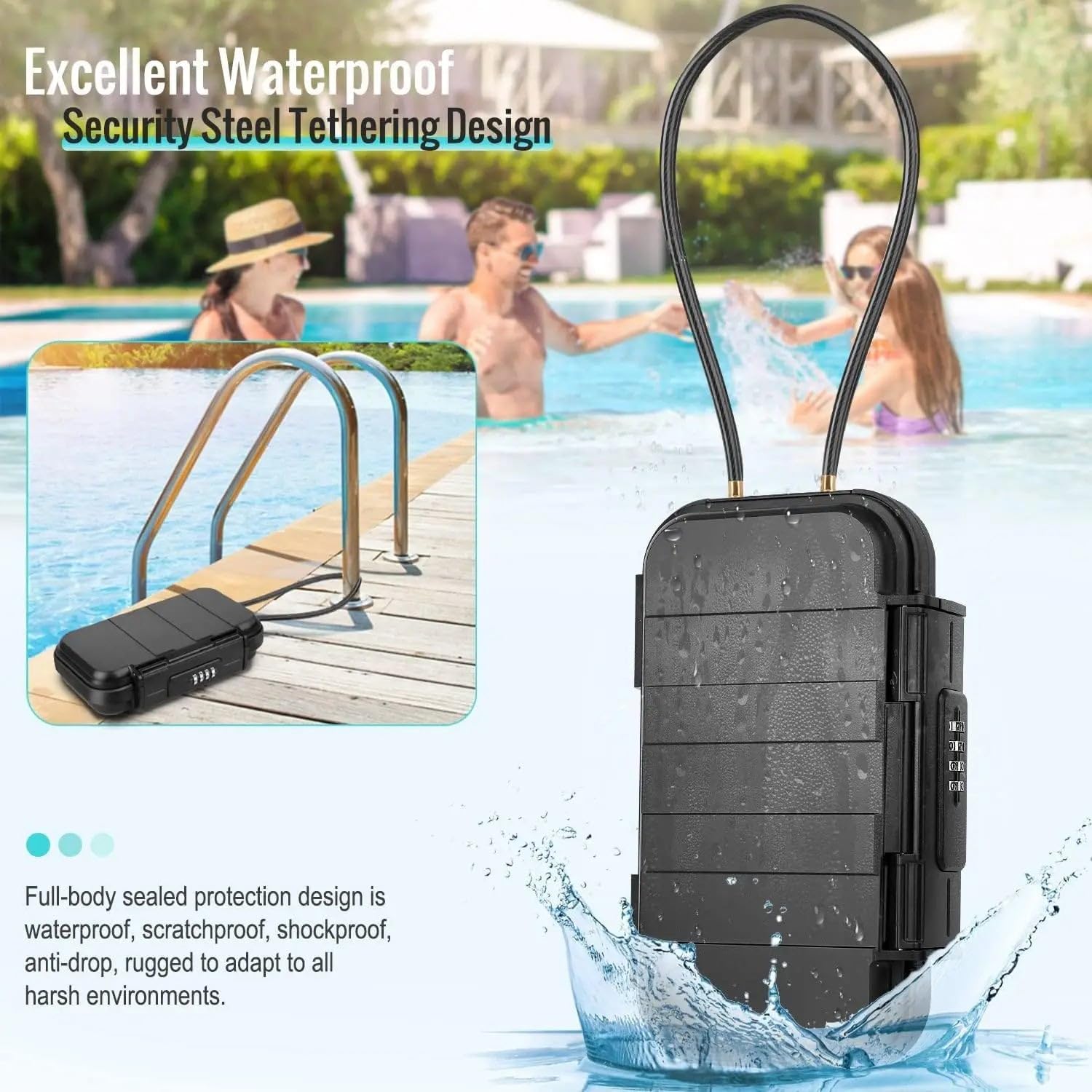 Reise-Tresor, tragbar, für Fitnessstudio, Diebstahlschutz, Strand, wasserdicht, kleines Zahlenschloss, Box mit abnehmbarer Kette, grau/China