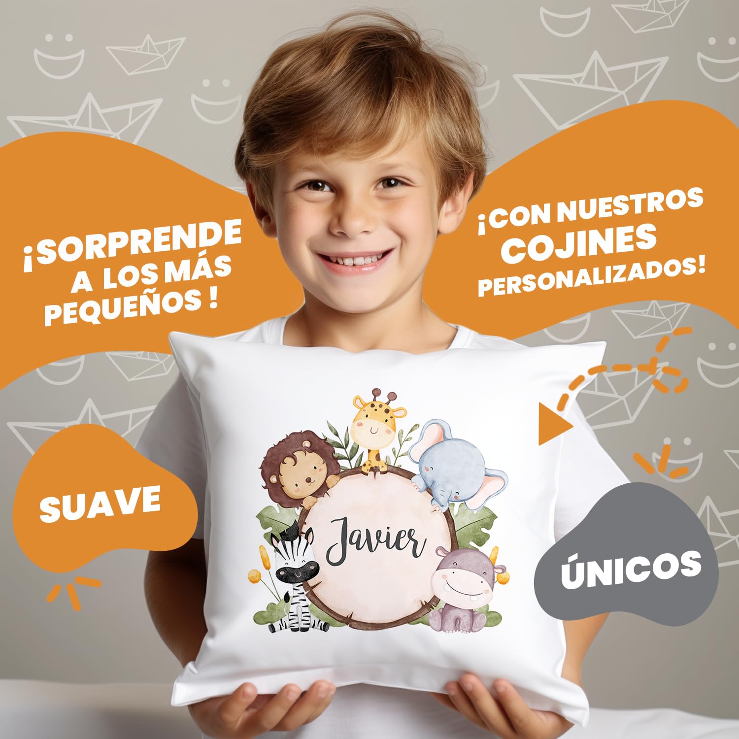 Kembilove Cojines Infantiles – Cojin Personalizado con Nombre – Regalos cumpleaños niños Colegio – Guarderia Regalos – Almohada niños 40X40 CM - Animales