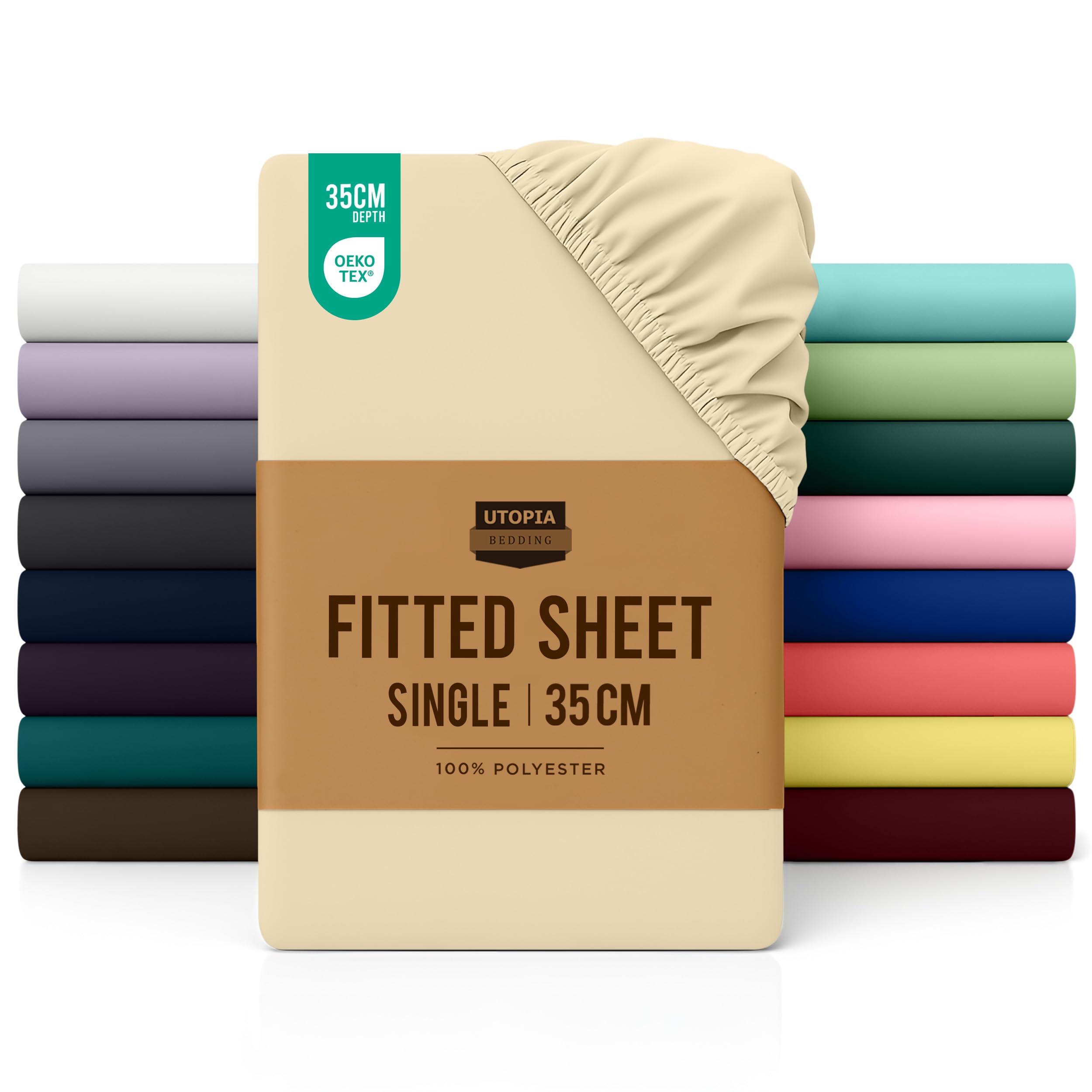 Utopia Bedding Fitted Sheet Single, Beige - Deep Pocket 14 inch (35 cm) - Easy Care - OEKO-TEX Certified - Soft Brushed Microfibre Fabric - Shrinkage and Fade Resistant - Bottom SheetOEKO-TEX STANDARD 100OEKO-TEX MADE IN GREENOEKO-TEX MADE IN GREENOEKO-TEX MADE IN GREEN