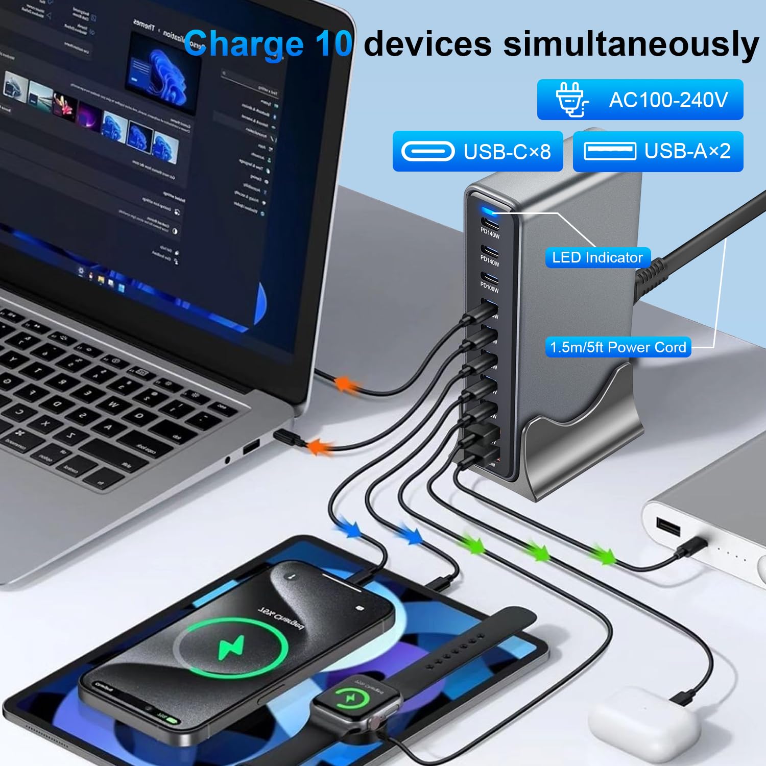 Caricatore USB multiplo da 800 W, 10 porte, con 8 USB C + 2 USB A, stazione di ricarica per più dispositivi, compatibile con MacBook, iPad, iPhone serie 16/15/14
