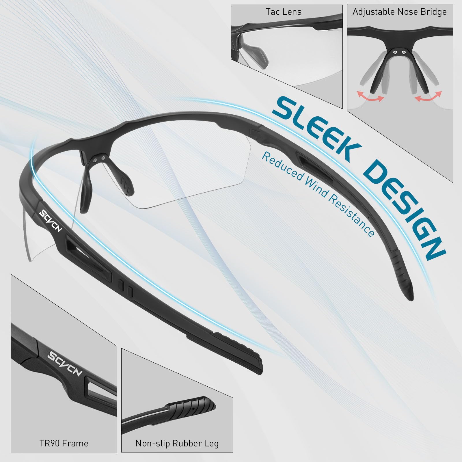 SCVCN Gafas de Ciclismo Fotocromáticas Hombre Mujer S86 | Montura TR90, almohadilla nasal ajustable para ciclismo y running.
