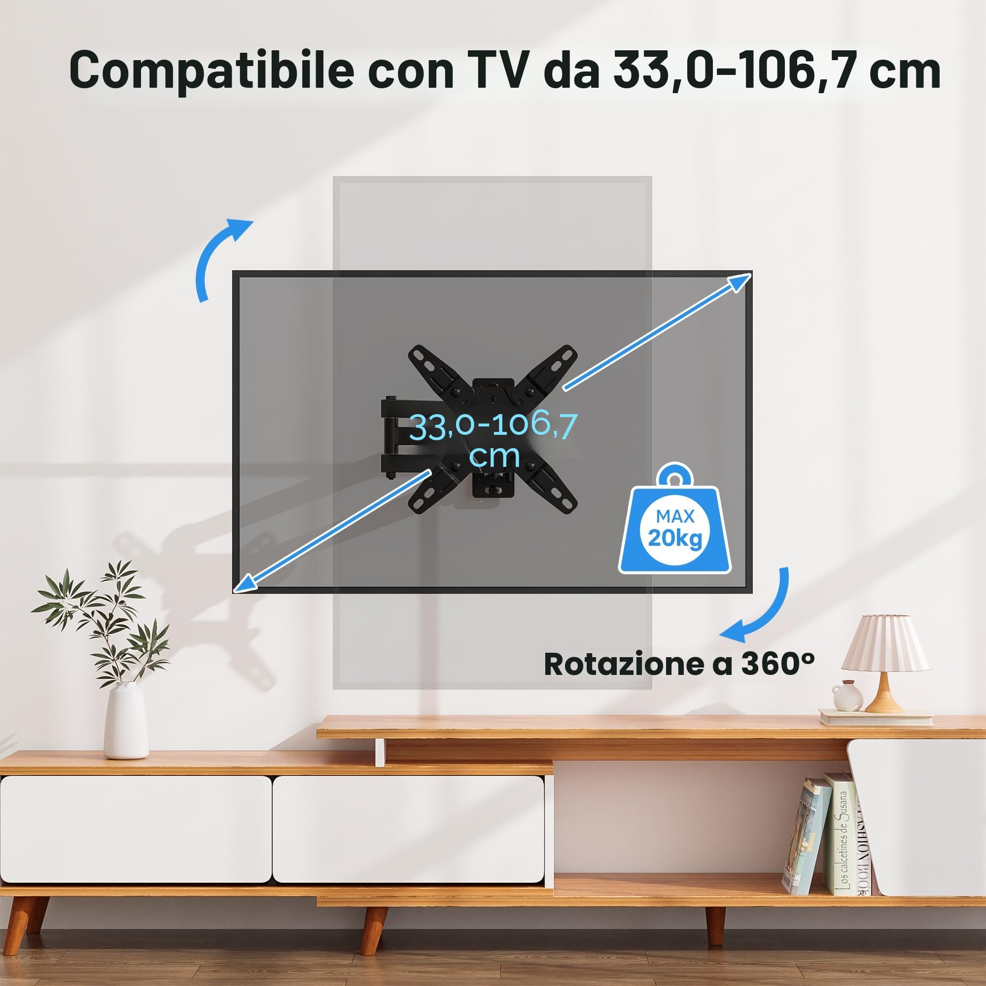BONTEC Supporto TV Parete 13-42 Pollici, Staffa TV Universale Girevole Inclinabile Rotazione 360°, VESA 200x200, 20 Kg