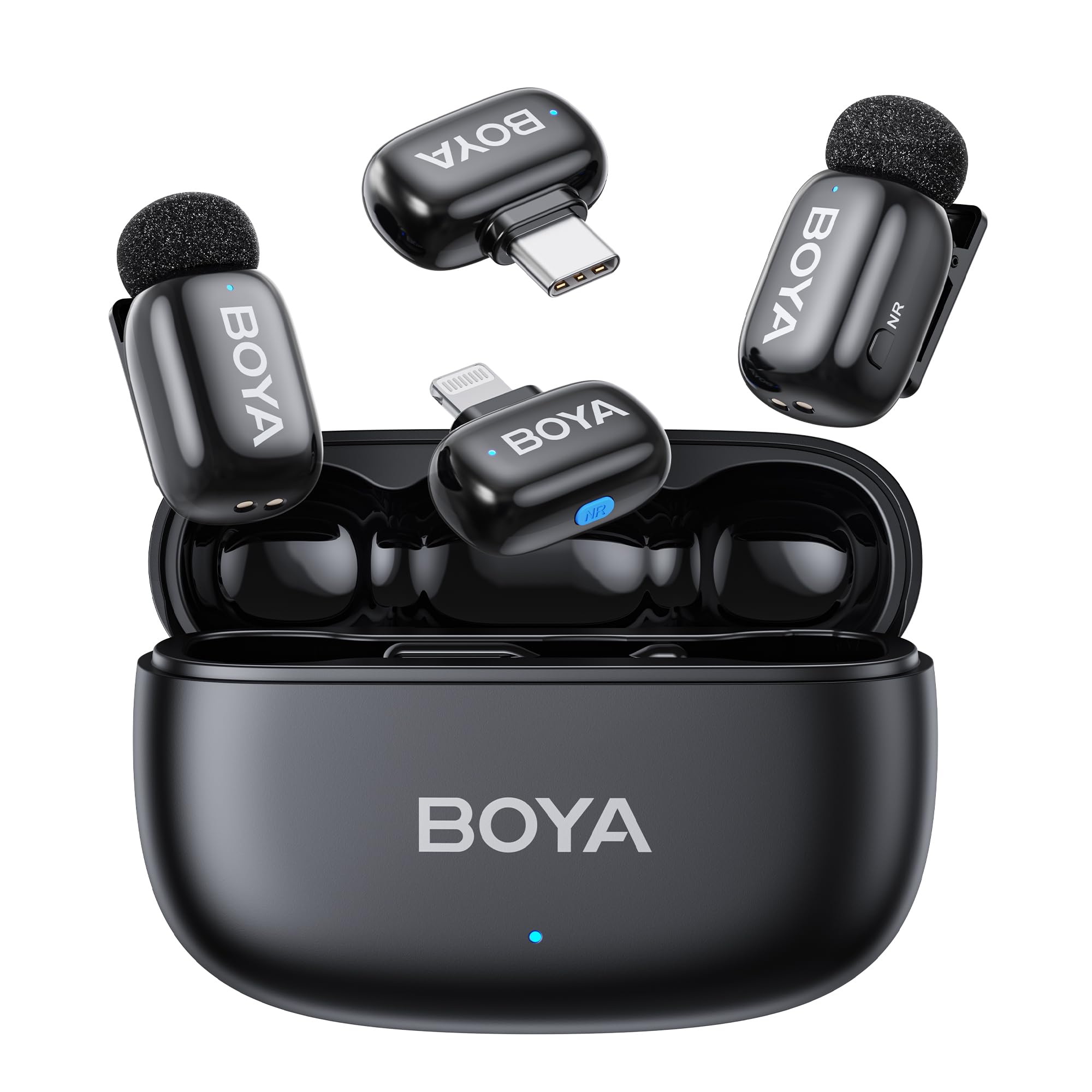 BOYA MINI Micro Cravate Sans Fil (2 TX + 2 RX USB-C & Ligthning + Boîtier de Recharge), 5 g Ultraléger, 48 kHz 24 bits, APP Contrôle, Wireless Microphone pour iPhone, Android, 30 h d’Utilisation, Vlog