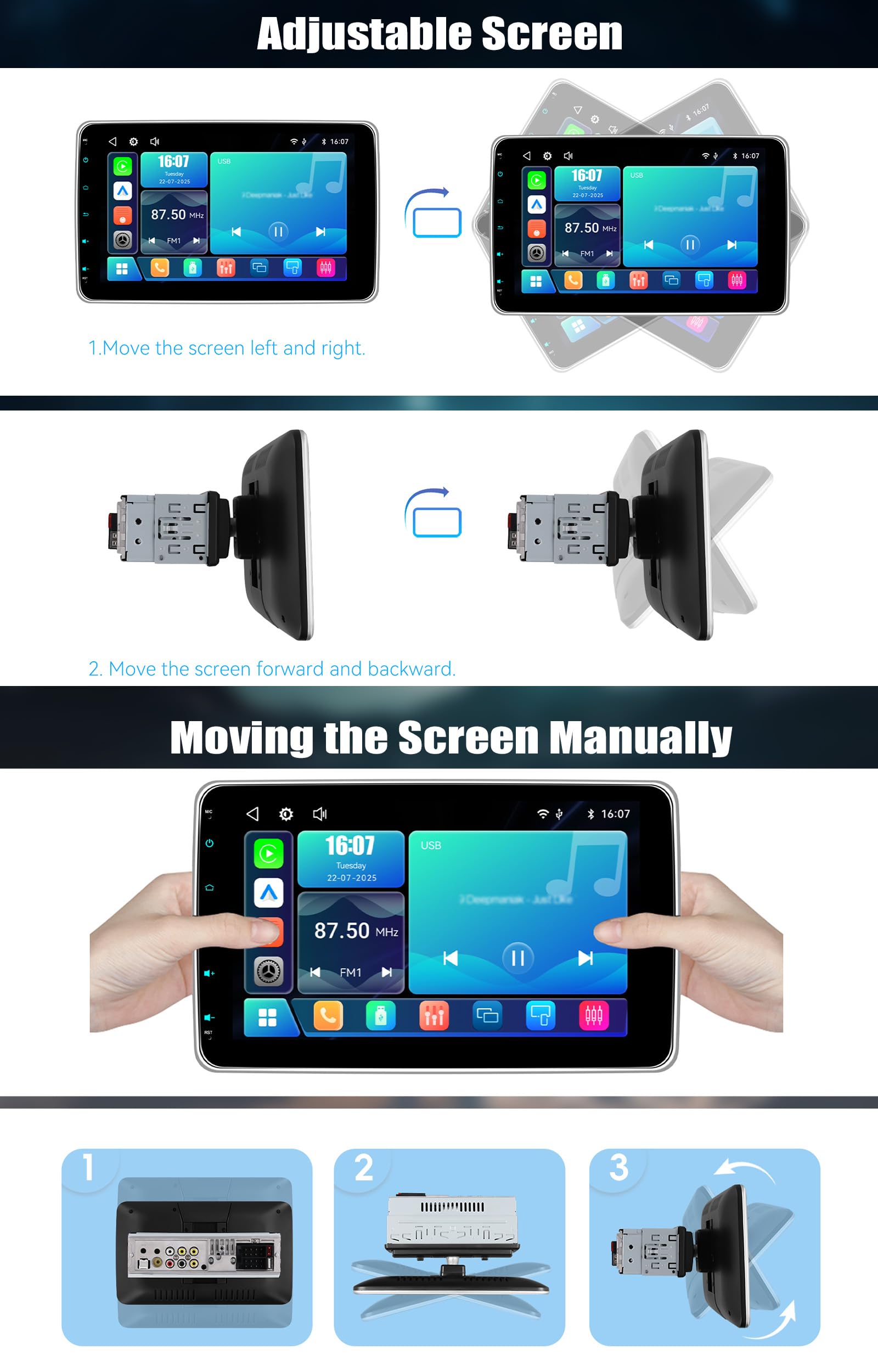 CAMECHO [CARPALY] 1 DIN YouTube Autoradio da 10'' con Schermo Rimovibile e Regolabile, WIRELESS Car Play MP5 per auto con Android Auto Bluetooth FM/RDS EQ Mirror Link +Telecamera