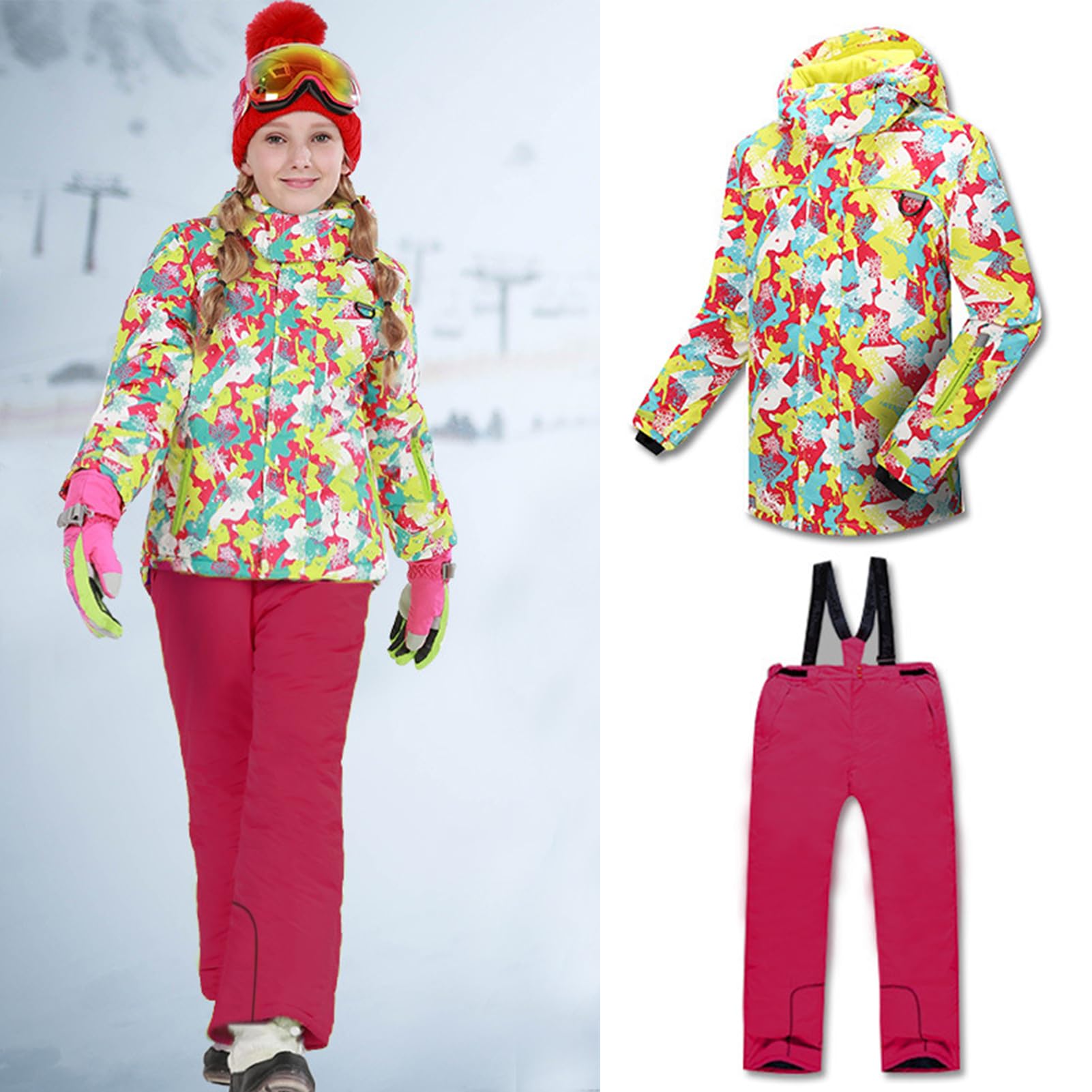 Traje de Nieve Niños Conjunto de Nieve 2 Piezas Chaqueta con Capucha + Pantalones Traje de Esquí Niña Impermeable para Invierno