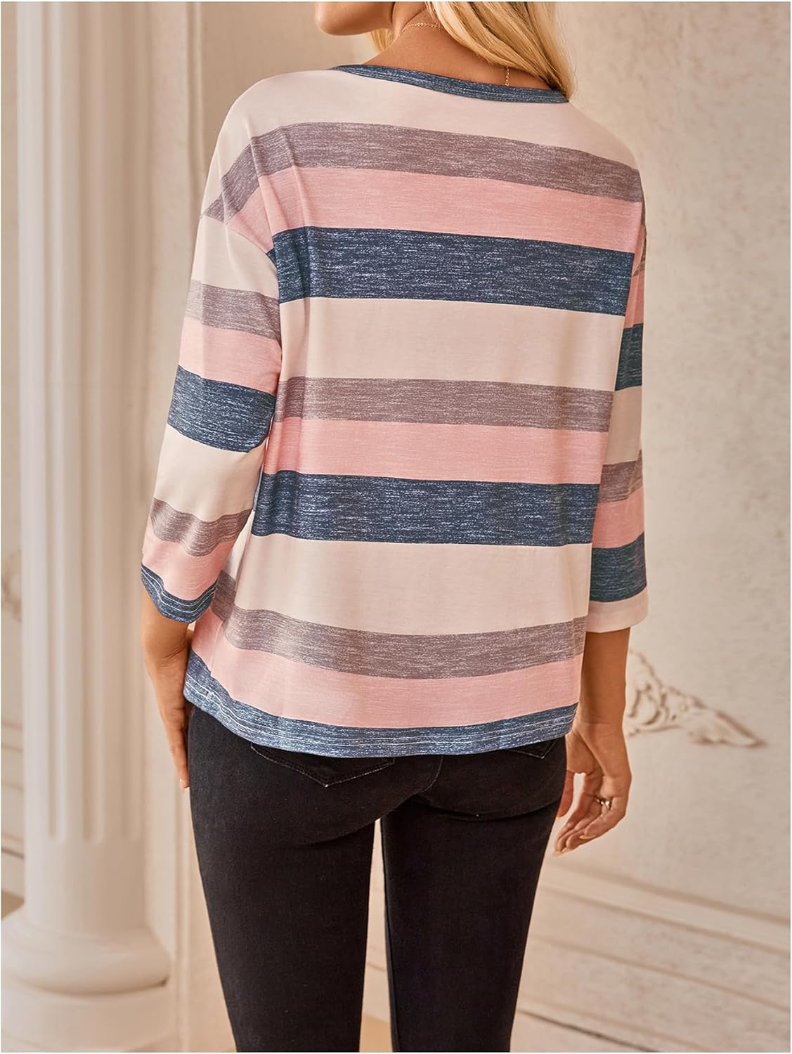 SweatyRocks Women's Striped 3/4 Sleeve T Shirts Color Block Crew Neck Casual Tee Tops - Image 2