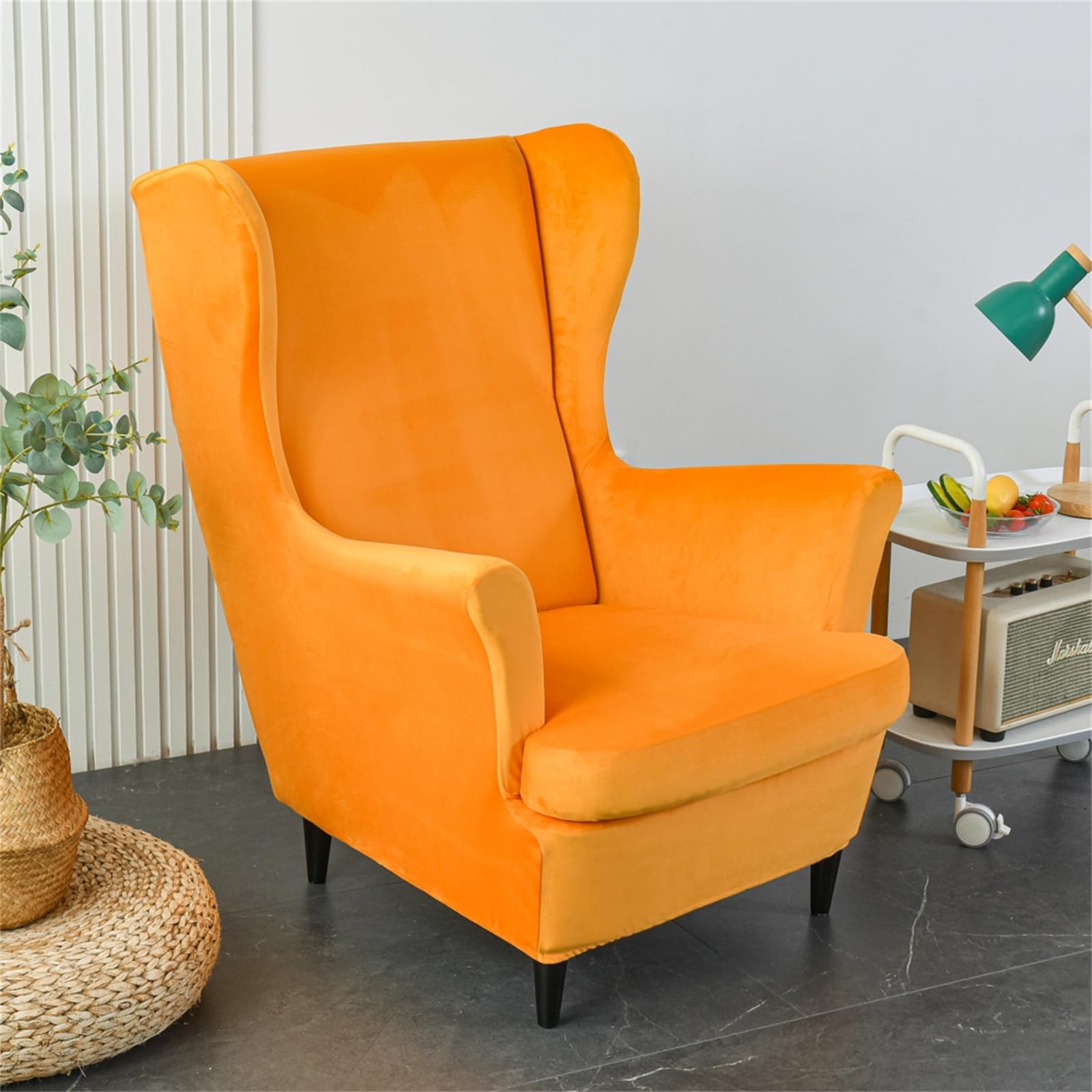 Muiuou Wingback Chair Covers 2 Piece Set Stretch Wing Chair Slipcover, Fashion Solid Color Velvet Removable Sofa Cover Furniture Protector for Armchair Chairs Bedroom Living Room (Orange)