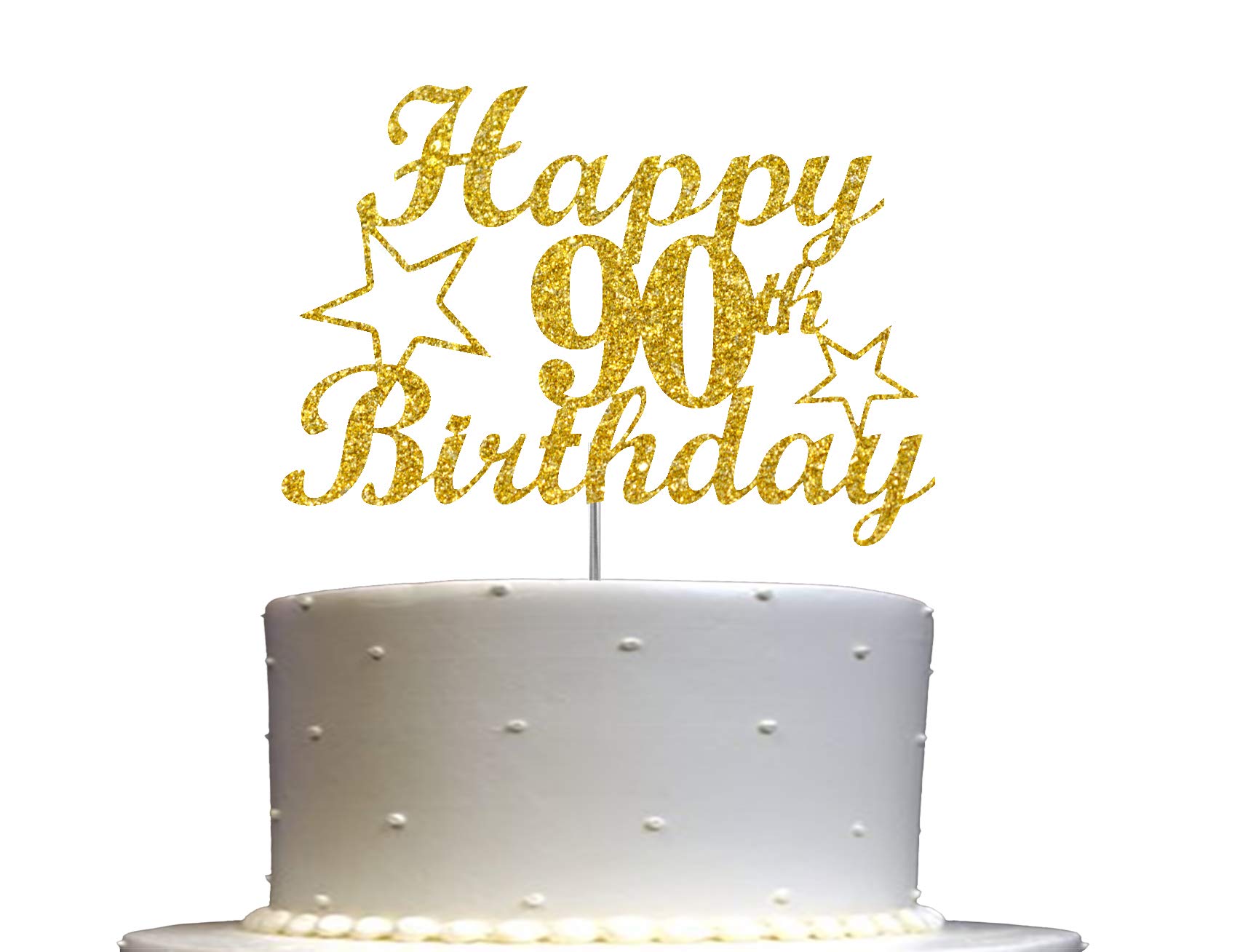 90 Birthday Cake Topper Gold Glitter, Party Decoration Ideas, Premium Quality, Sturdy Doubled Sided Glitter, Acrylic Stick. Made in USA (90th)