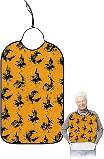 QueenKer Halloween Funny Adult Bibs for Eating, Raven Orange Waterproof Clothing Protector Washable Adult Bib with Crumb Catcher for Men Women Elderl and Seniors