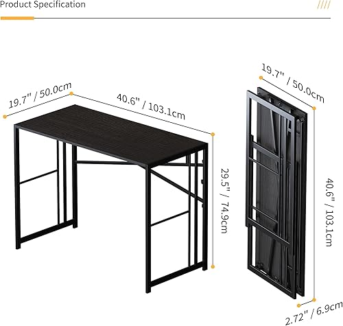 Miniatura 3 de Escritorio plegable de 40 pulgadas para computadora de juegos, escritorio de campamento, no requiere montaje, mesa de oficina en casa, color negro