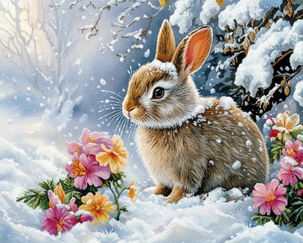AxiangziK 11CT Printed Cross Stitch Kits,Rabbits and Flowers in the Snow Stamped Embroidery Kits with Instruction Wall Hanging for Needlepoint Adults Wall Art Decoration 12x16in