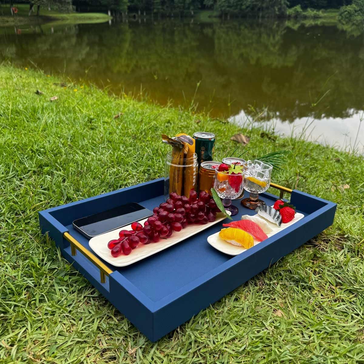 14x20 Inches Blue Faux Leather Wrapped Wood Serving Tray with Metal Handles for Various Occasions, Ottoman, Home Decor Decorative, Living Room, Coffee Table Organizer, Serving Breakfast On Bed - Image 5