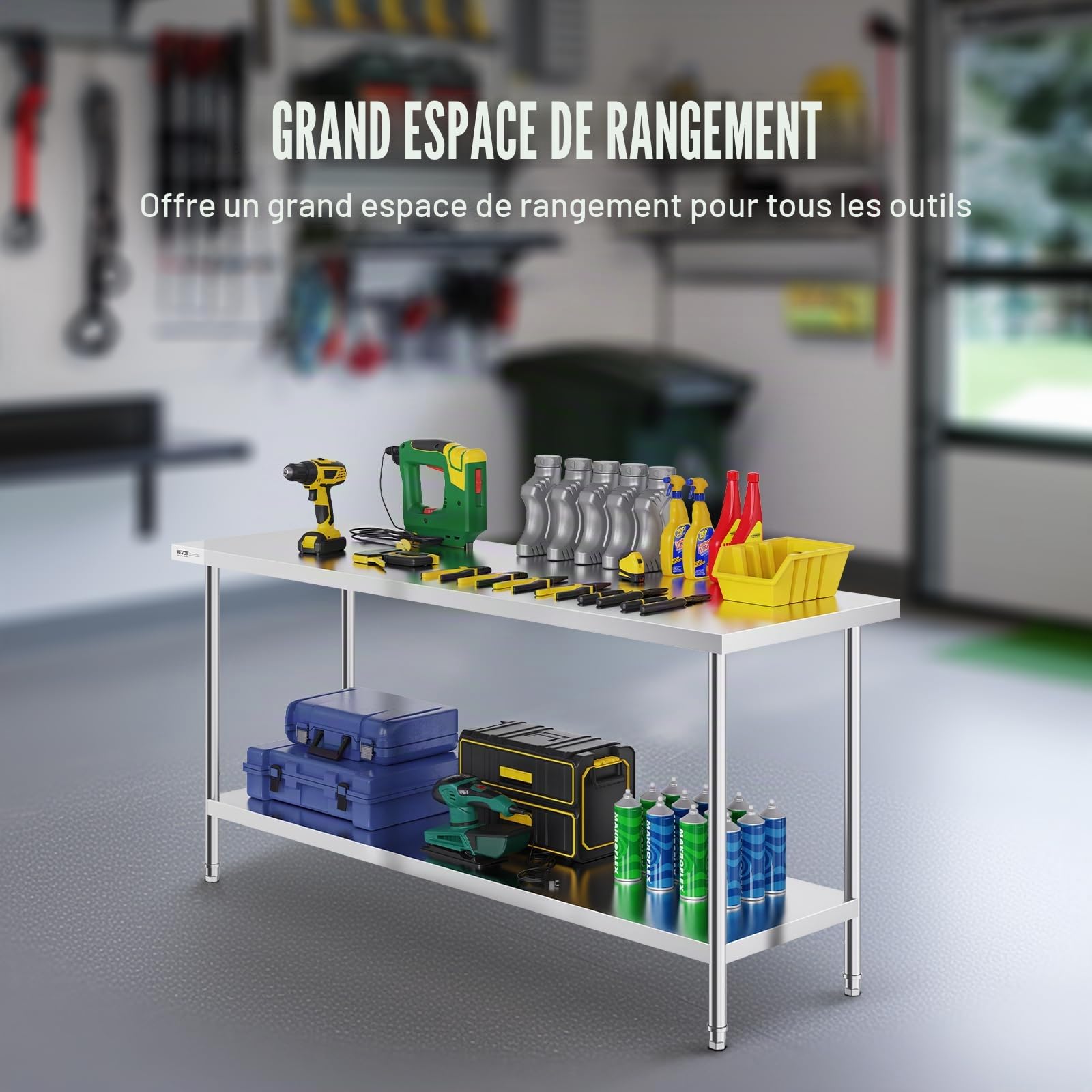 VEVOR Table de Travail en Acier Inoxydable 61x182,9x86,4 cm, Table de Préparation des Aliments Charge 399 kg, 3 Niveaux de Hauteur Réglables, Meuble de Rangement des Aliments, pour Cuisine Restaurant