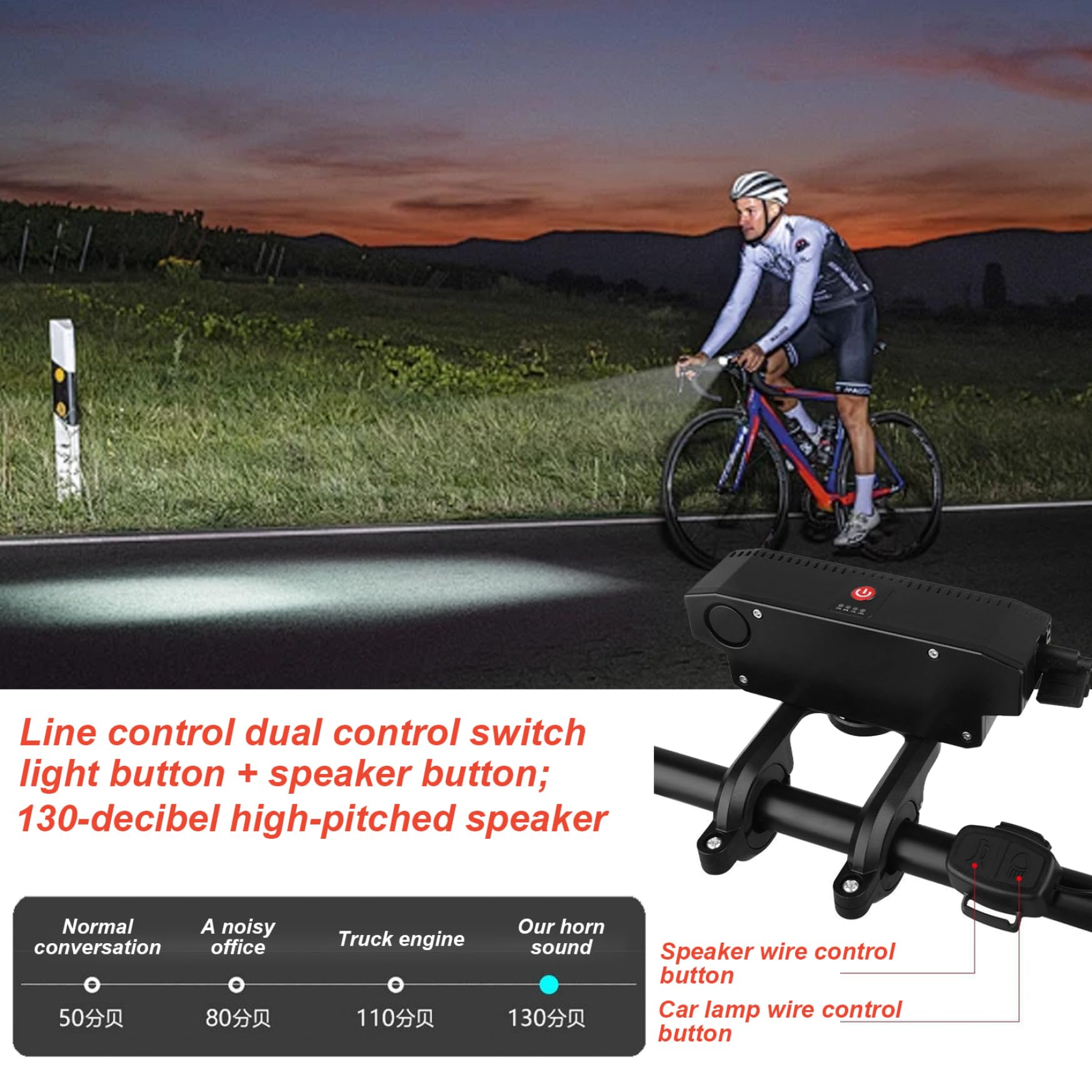 Clacson per Bici elettrica, luci per Bici a LED Anteriori e Posteriori Impermeabili Ricaricabili a 6 modalità per Esterni, Faro