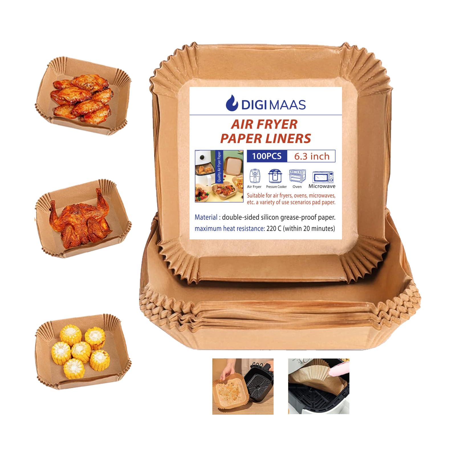 Digi Maas 100Pcs Air Fryer Paper Liner Square, Air Fryer Disposable Paper Liners, Baking Paper for Air Fryer Water-proof, Parchment Paper for Baking Roasting Microwave,6.3 inch/16cm