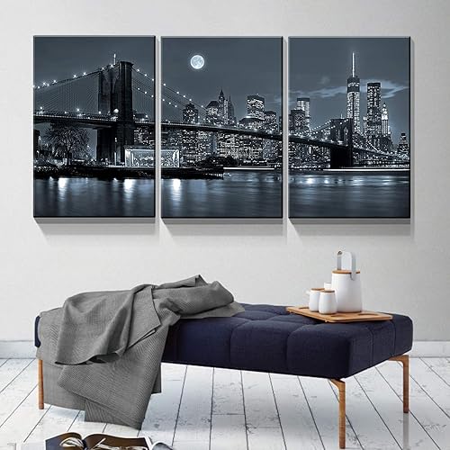 Miniatura 4 de Denozer - 3 paneles de impresiones artísticas en lienzo - Impresiones modernas de Nueva York, paisaje urbano, puente de Brooklyn, arte de pared para