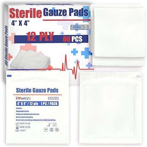 KIWAEZS 60 Pack Sterile 4x4 Large Gauze Pads - 12-ply Woven USP IV Thick Mesh for Enhanced Absorption - Non-Adhesive Highly Absorbent Bandages -