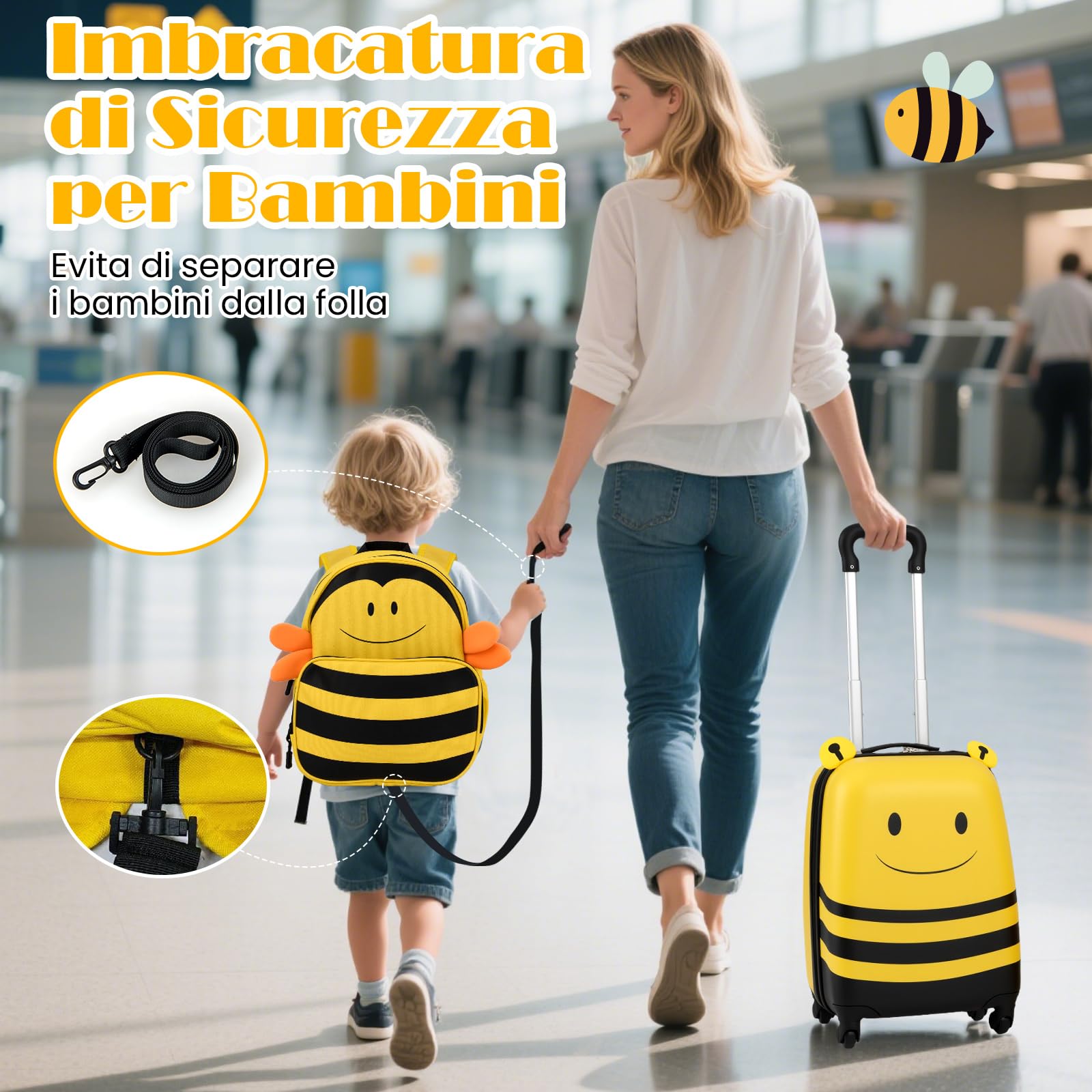 COSTWAY Set di Valigia per Bambini, 16" Valigia+ 12" Zaino, 2 Pezzi, con Ruote Girevoli a 360° e Maniglia Retrattile, Ideale per Viaggiare in Modo Comodo e Divertente (Modello 24)