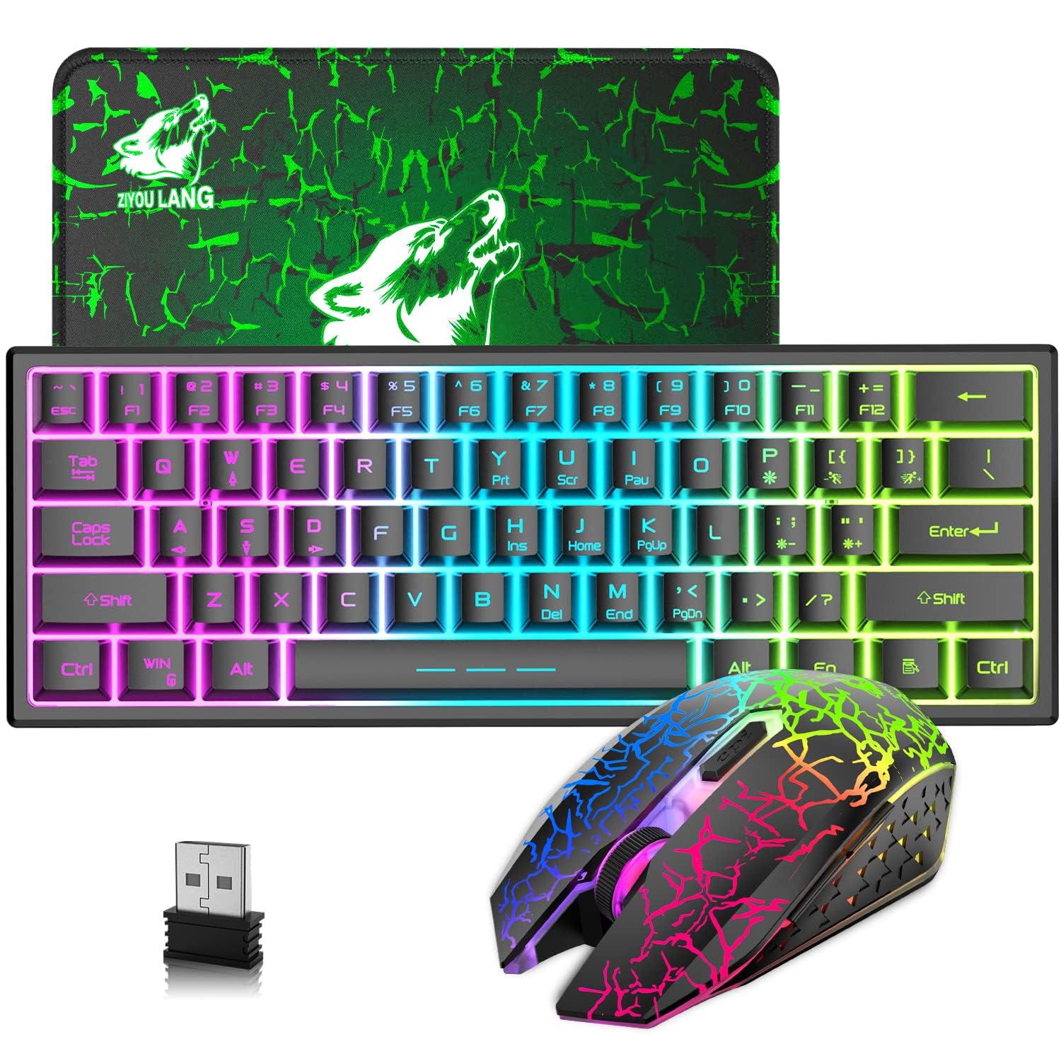 LexonElec T61 60% Compact Teclado Y Raton Gaming Inalámbrico - USB Wireless Keyboard Retroiluminado Pequeño Ergonomico 3800mAh RGB QWERTY + 2400 dpi Rainwbow Mouse - Accessories para PC Mac