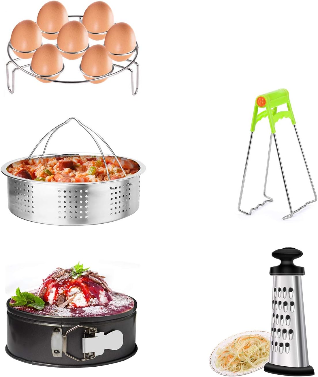 MARKKEER Pot Accessories Set Steamer Basket, Egg Steamer Rack, Non-Stick Springform Pan, Dish Clip,Box Grater