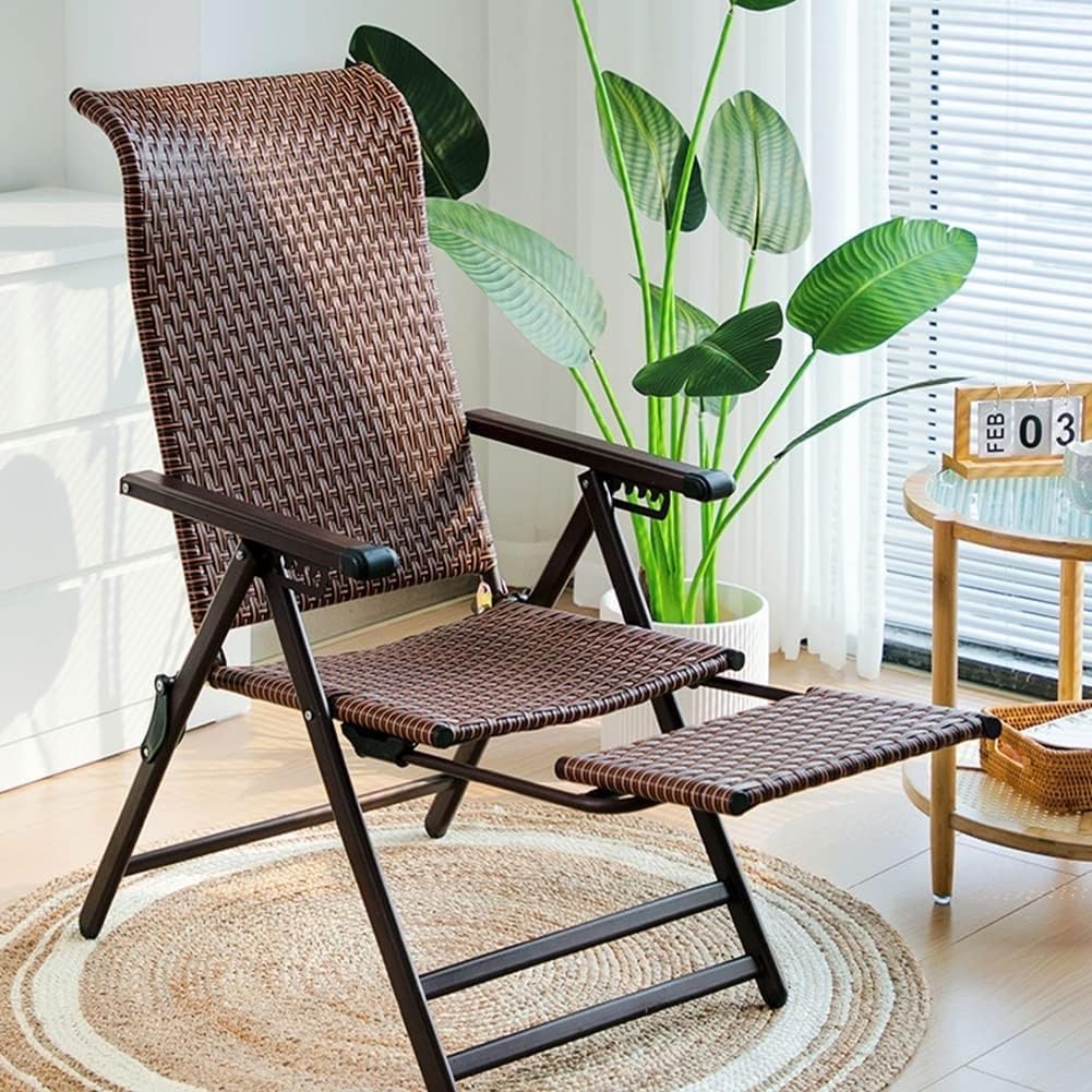 Adjustable Outdoor Folding Rattan Sun Lounger Chair - Reclining Beach & Poolside Chaise Lounge - Stylish Brown Garden Furniture - One Size